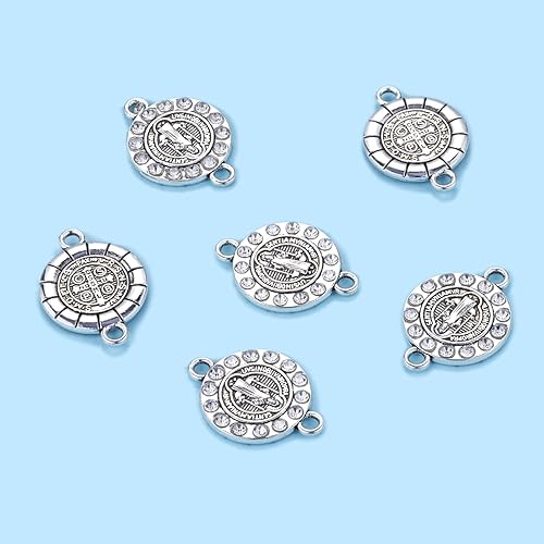 Miniatura 4 de 20 piezas de diamantes de imitación de plata antigua para uso religioso de San Benito Medallón de Pulsera Conector de Cuentas Redondas de Enlace de