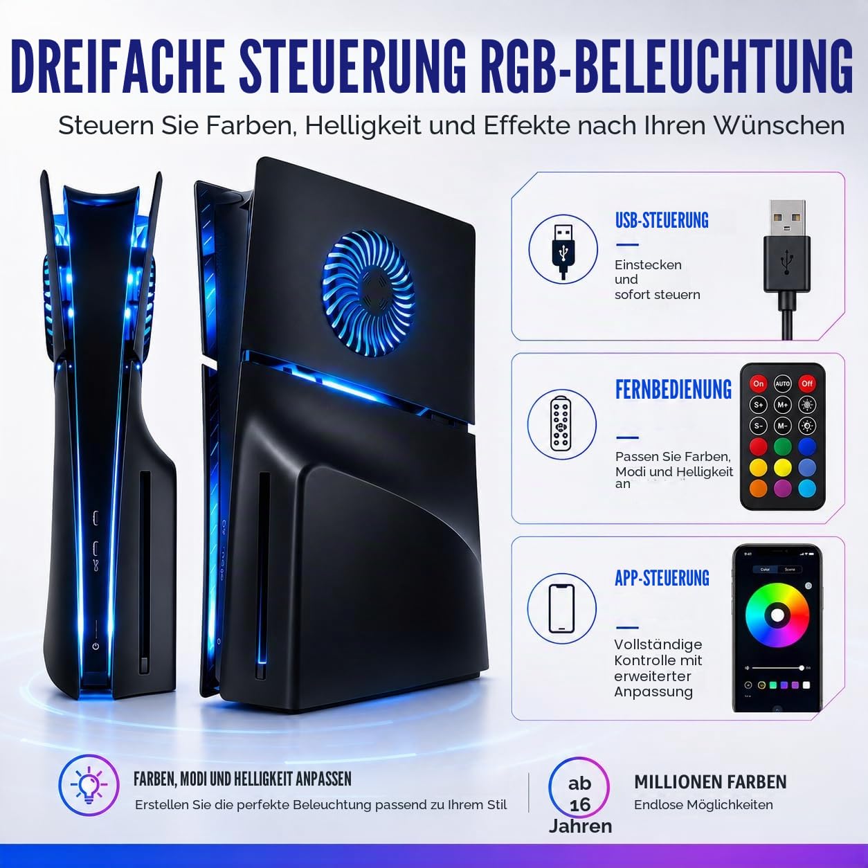 LED-Frontplatte für PS5 Slim Disc Edition, Seitenschalenplatten, PlayStation 5, schlanke Konsolenabdeckung mit RGB-Beleuchtung, individuelles Design, kratzfest, Staubschutz, Ersatzschale
