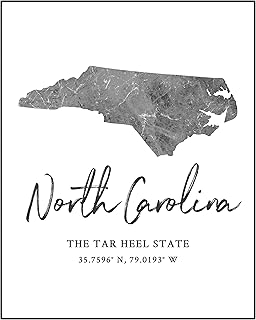 North Carolina State Map Wall Art Print - 8x10 Silhouette Decor Print with Coordinates. Makes a Great NC-Themed Gift. Shades of Grey, Black & White.