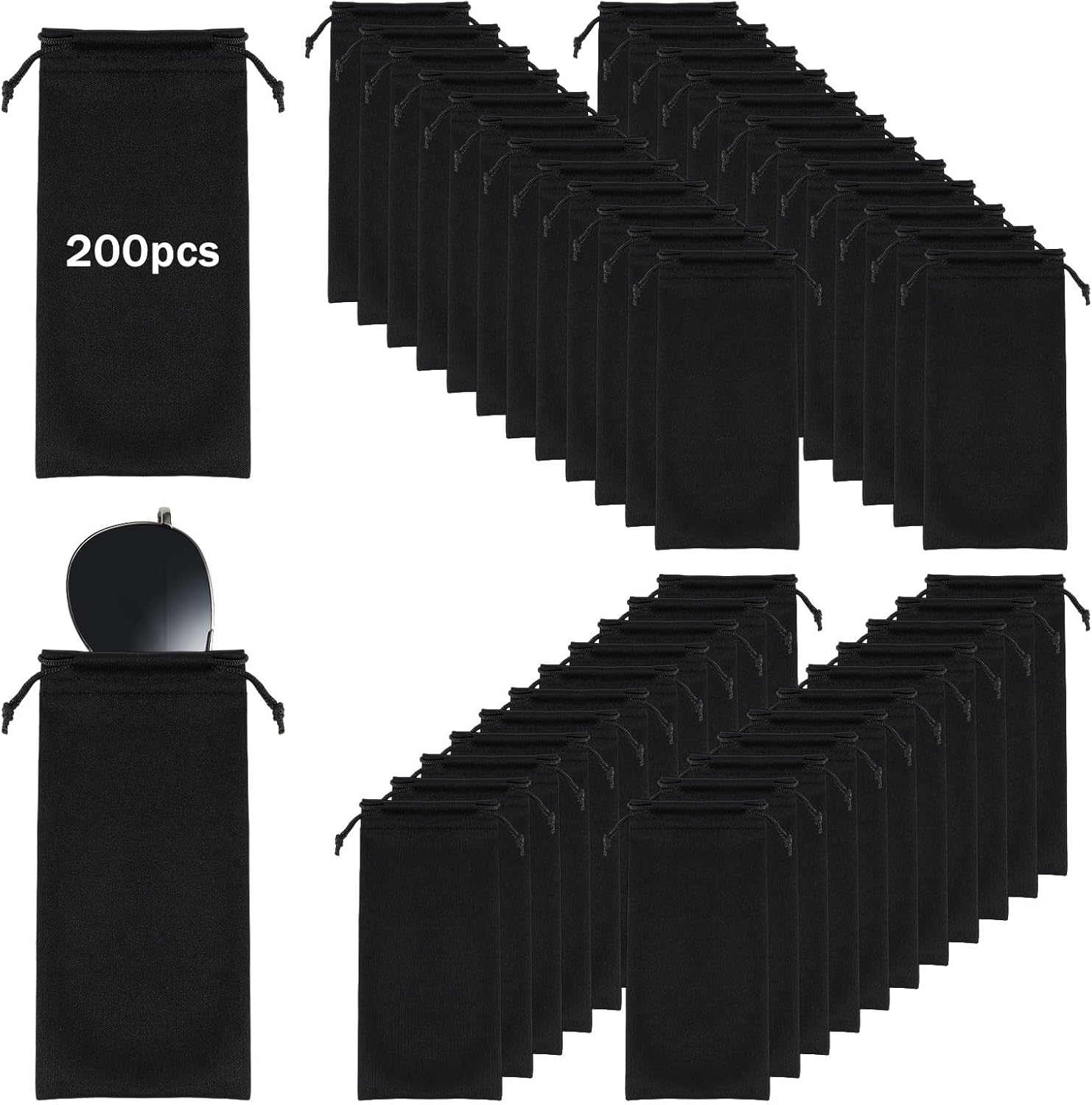 200 Pcs Microfiber Glasses Case Pouch Bag Sleeve, Soft Sunglasses Storage with Drawstring Closure for Men Women, Black