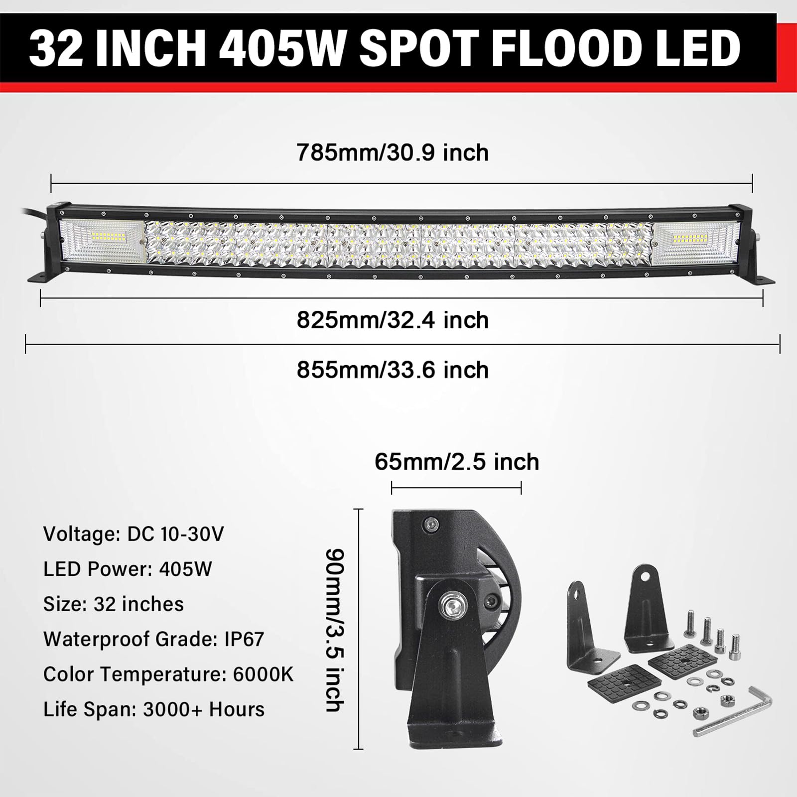 PICAA Delgado Barra Led 4x4 con 12V kit cableado, Curvo 32 Pulgadas 405W Fila Triple Combinación Barra de Luz de Trabajo Led, 6000K Impermeable Barra luminosa Led Faro Led para Offroad ATV SUV Camión