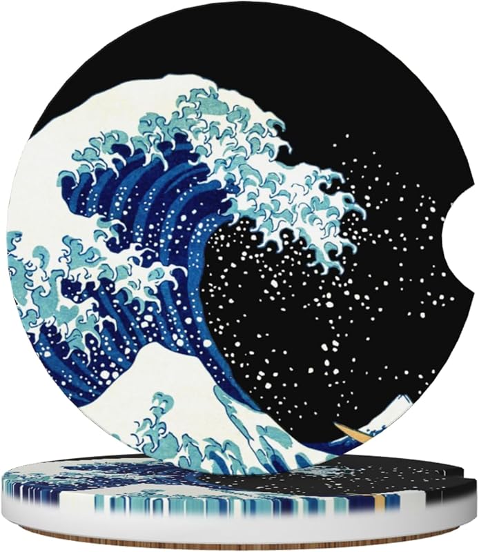 Kit com 2 Porta-Copos para Carro em Cerâmica Absorvente Wvpslak Great Wave Off Kanagawa