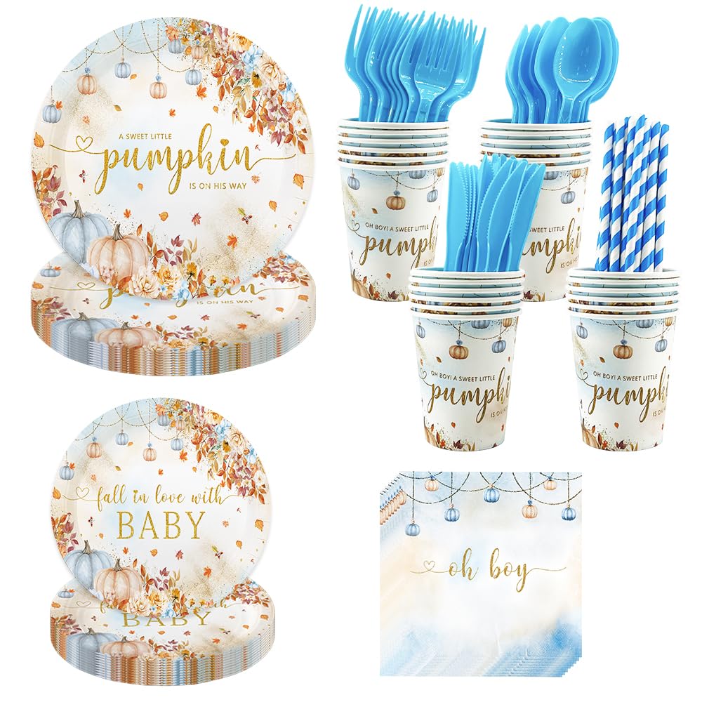 Assiettes jetables citrouille AIBIIN pour fête prénatale garçon de 24 invités