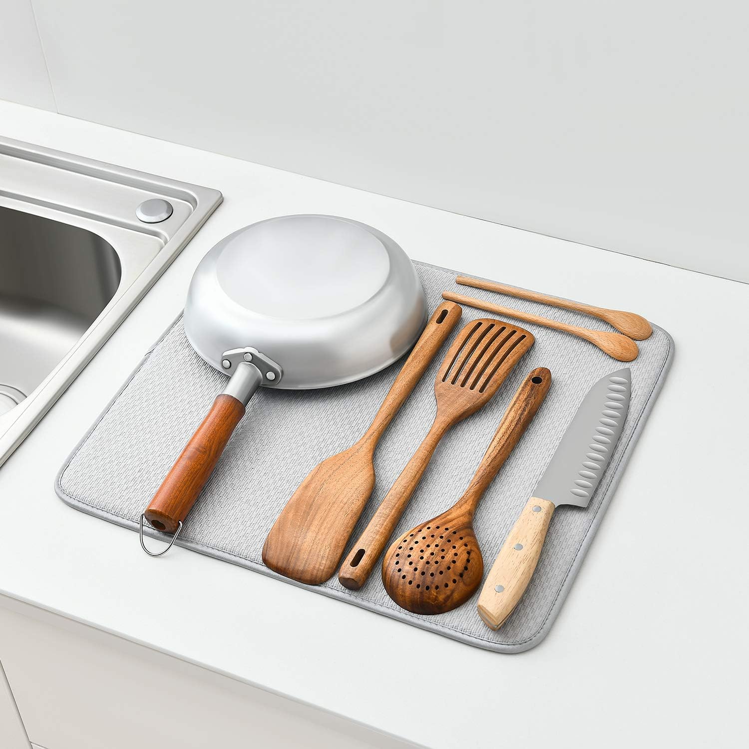 SUBEKYU Microfiber Dish Drying Mat for Kitchen Counter, Absorbent Dishes Drainer/Rack Pad for Countertop (Light Grey 2P): Home & Kitchen