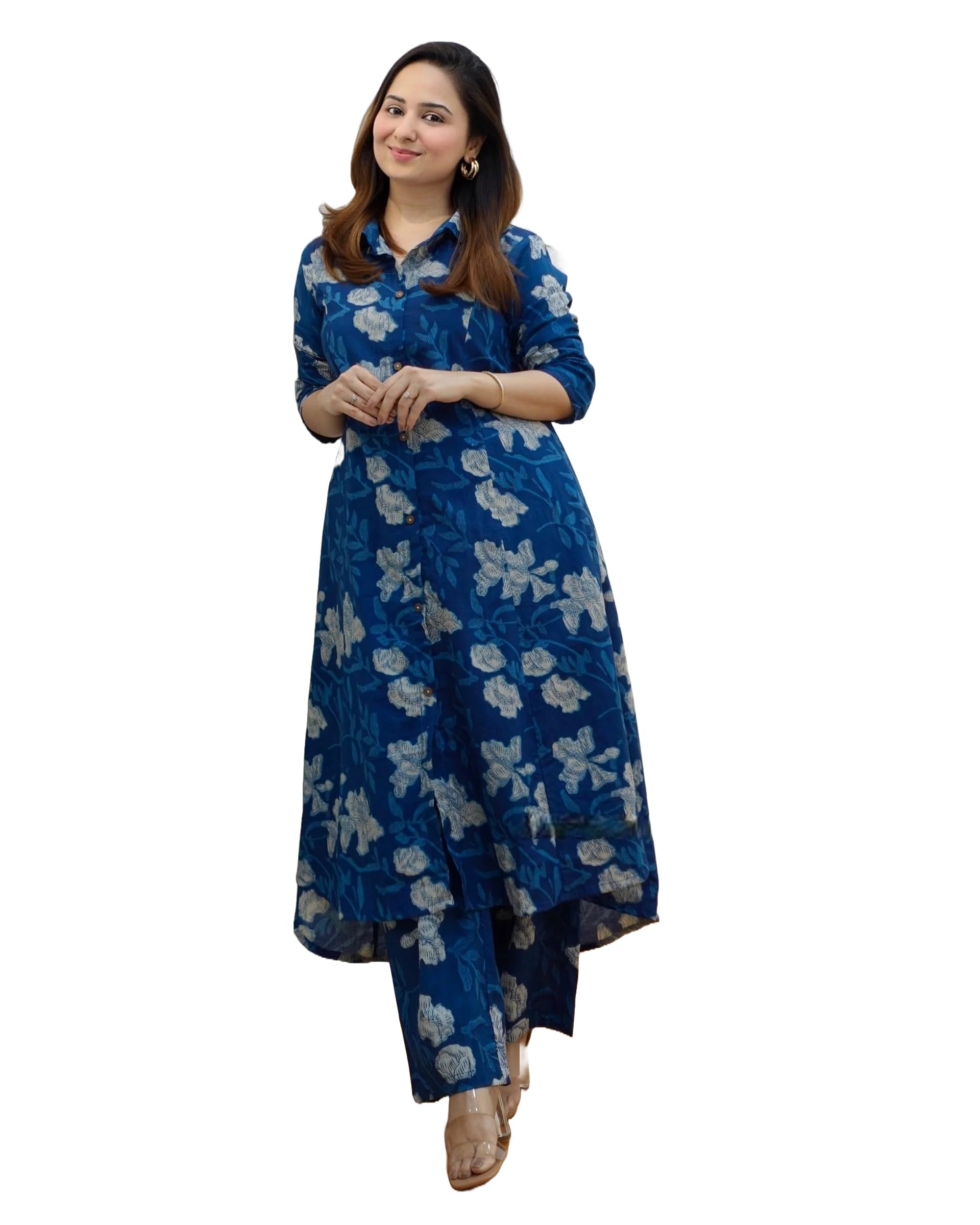 Tokyo Talkies Women's Cotton Floral Printed Co-ord Set - Straight Kurta Palazzo Pants, Blue in blue
