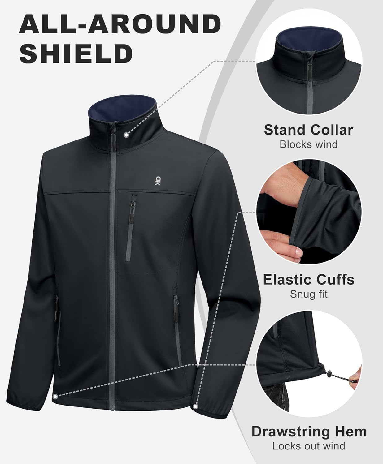 Little Donkey Andy Men's Lightweight Softshell Jacket Windbreaker Waterproof Jacket with 3 Pockets for Running Golf Hiking