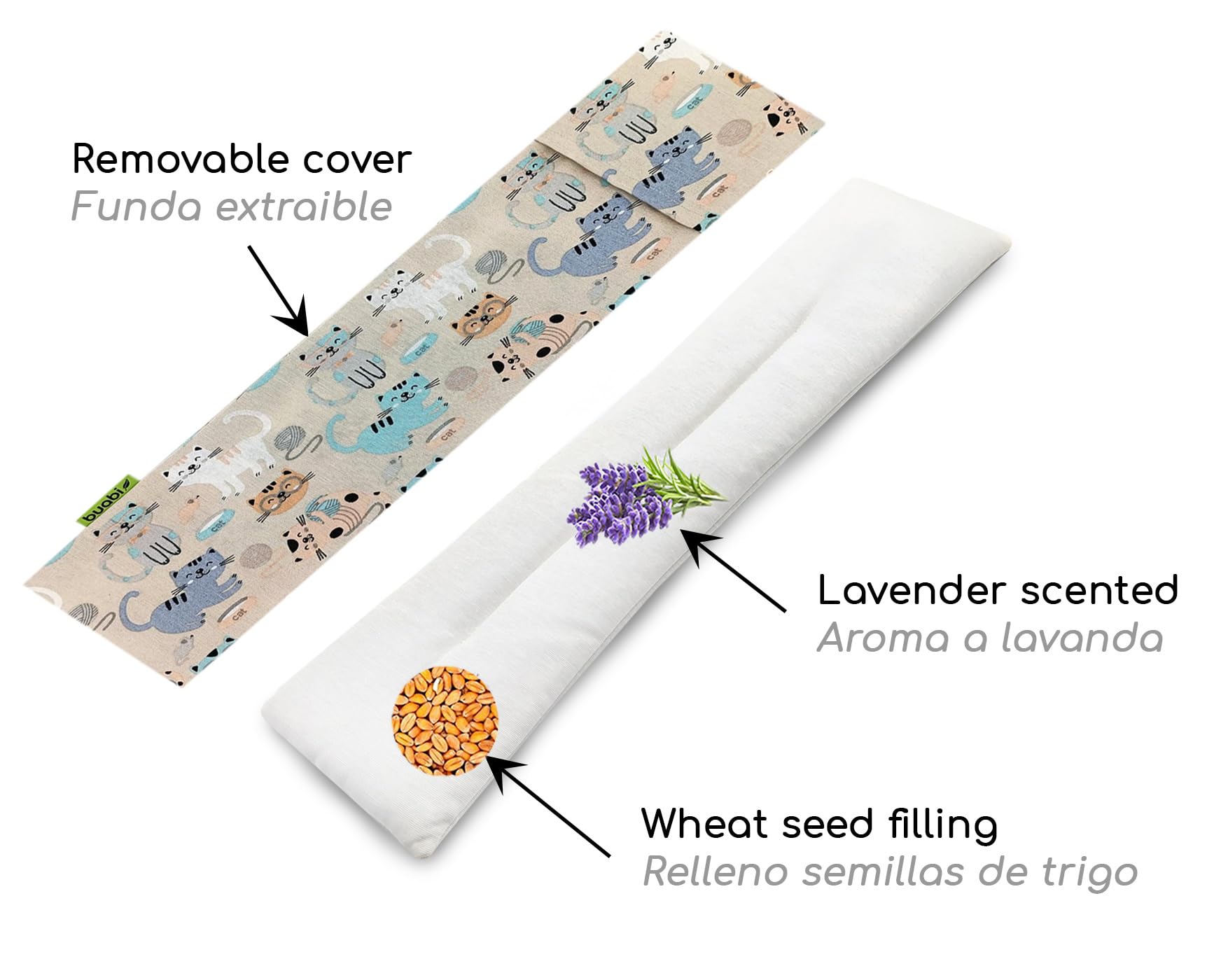 Saco térmico semillas microondas (50x15cm). Aroma Lavanda. Saquito con funda lavable extraíble. Cojín frio calor para dolor cervical lumbar cuello espalda menstrual colicos mascotas (Gatos)