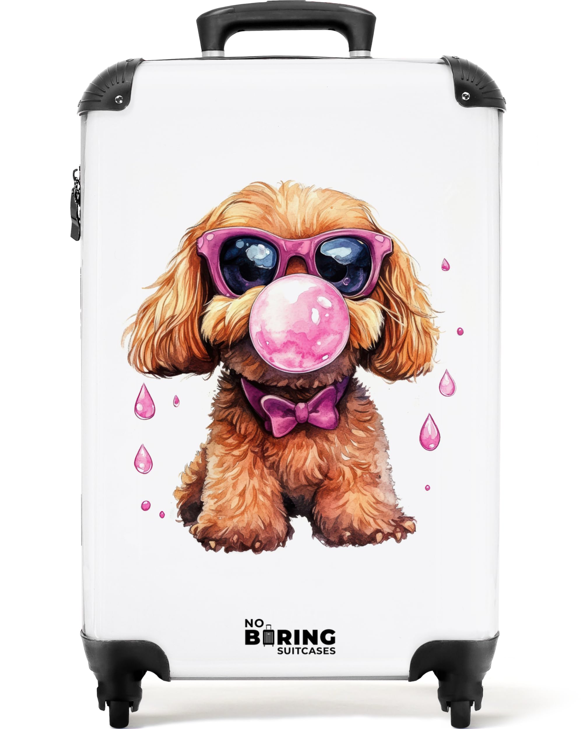 NoBoringSuitcases.com® Maleta De Cabina Niños 55x35x20 cm Equipaje Mano Infantil Viaje Avion Trolley Rígido Ligero 4 Ruedas Maletas Carry On Suitcase Perro - Marrón - Gafas - Rosa - Chicle