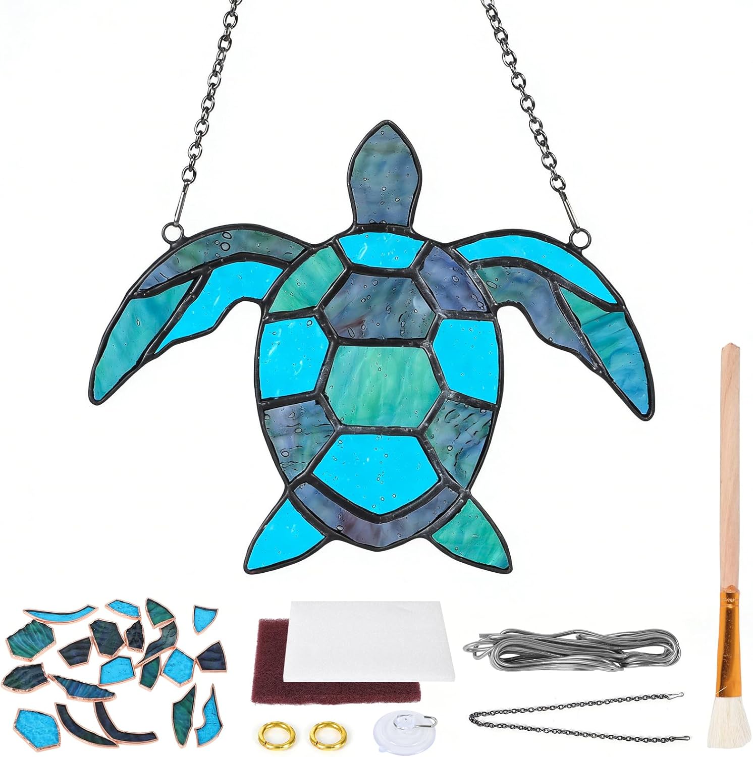 Sea Turtle 5.9in×4.7in Pre Cut Stained Glass Kit DIY Craft for Adult Beginners Blue Sea Turtle Suncatcher Window Hanging with Chain Suction Cup Hook Wall Art Decro for Teacher Mon Grandma Friend