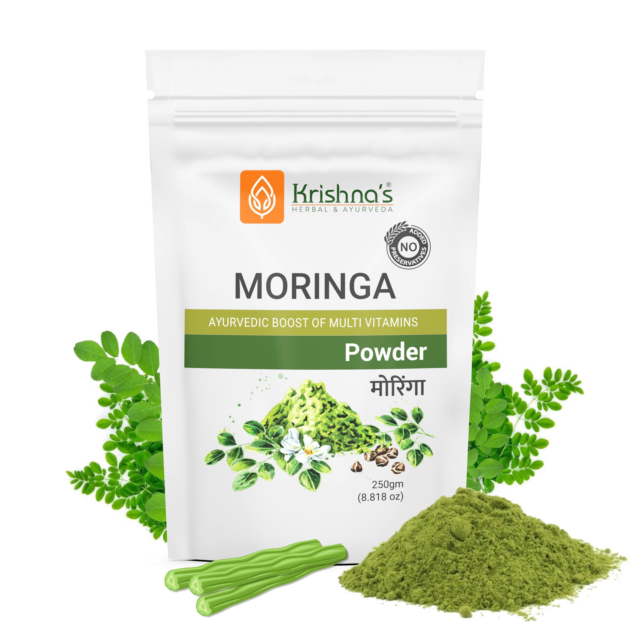 Krishna's Moringa Powder, Rich in essential vitamins, minerals, and amino acids, No Artificial Colors or Flavors - 250 g (Pack of 1)