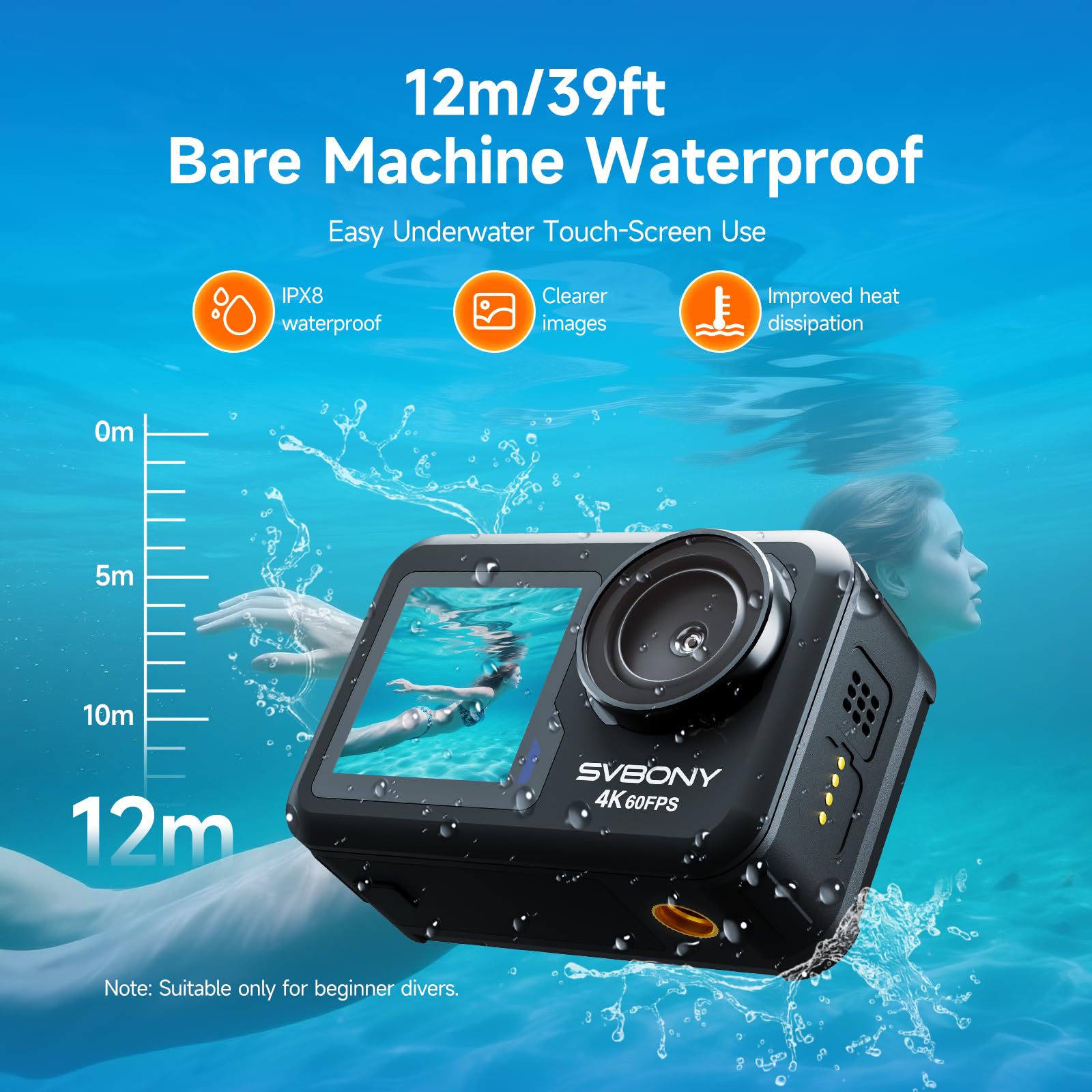 SVBONY ACT20 4K 60FPS Dual-Screen Unterwasserkamera (SVGo2 Upgrade) | Action Cam mit EIS 2.0, 12m wasserdicht (ohne Gehäuse), Sprachbefehl, Dual-Display, 2x1350mAh Akkus für Surfen, Schnorcheln