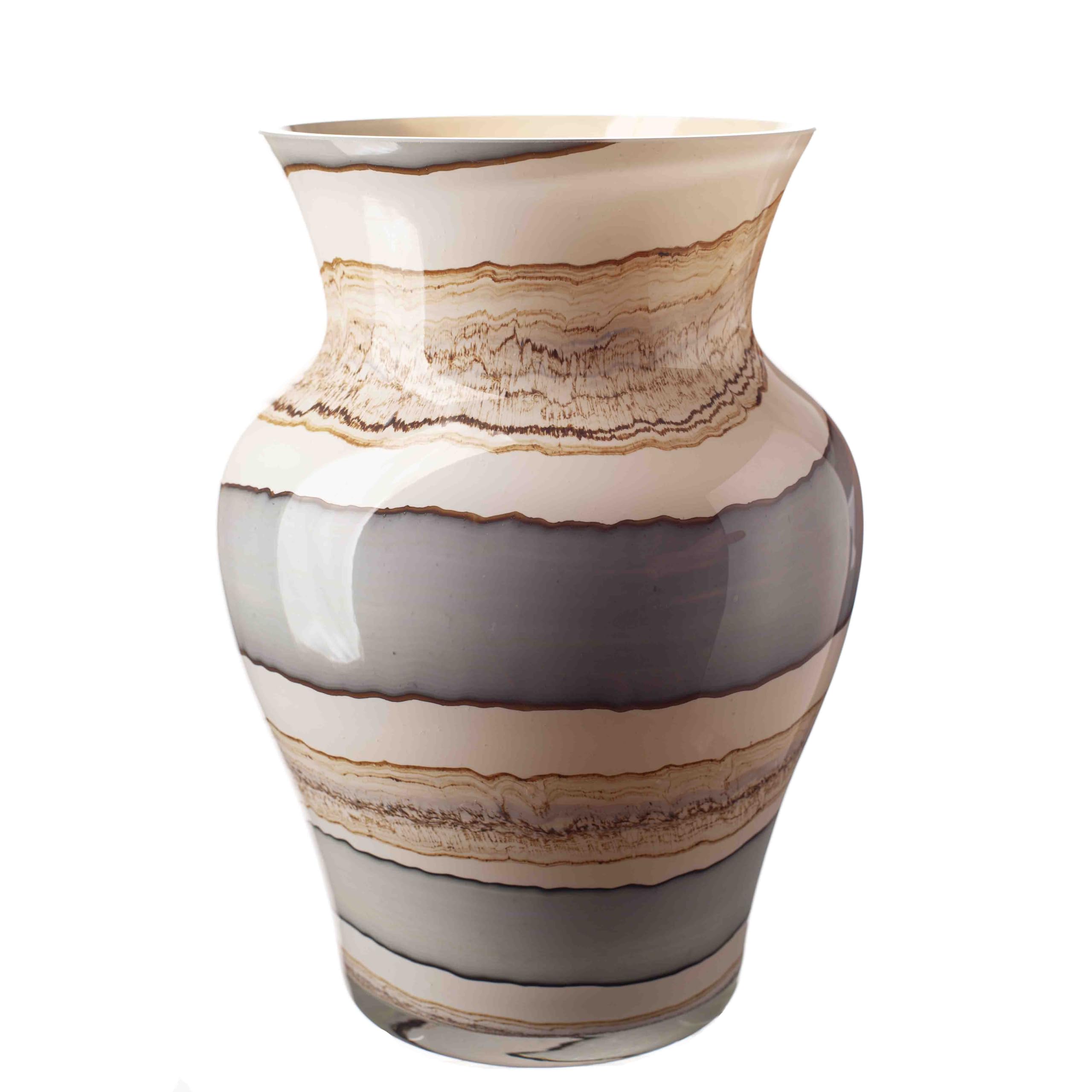 Amelia Art Glass Green, Grey And Cream Mouth Blown Glass Urn Shape Vase, Cream, Green And Grey Design (Smoked Meadows) 26Cm Height, Width 18Cm
