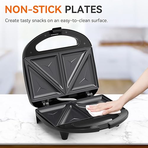 Miniatura 2 de Snailar ABS07 Sandwichera con platos triangulares, 2 rebanadas antiadherentes para quesos a la parrilla, luces indicadoras, mango de tacto frío,