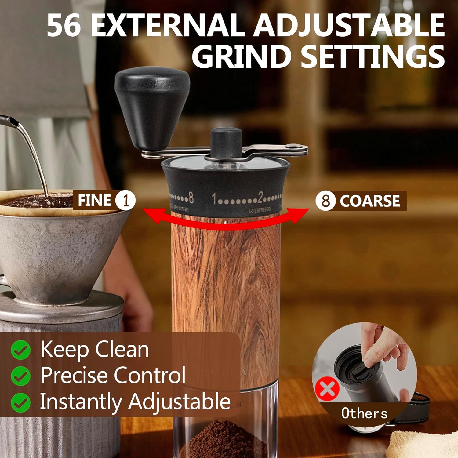 SYLORIA Manual Coffee Grinder with 56 External Adjustable Settings Hand Coffee Bean Mill with Ceramic Burr and Foldable Handle