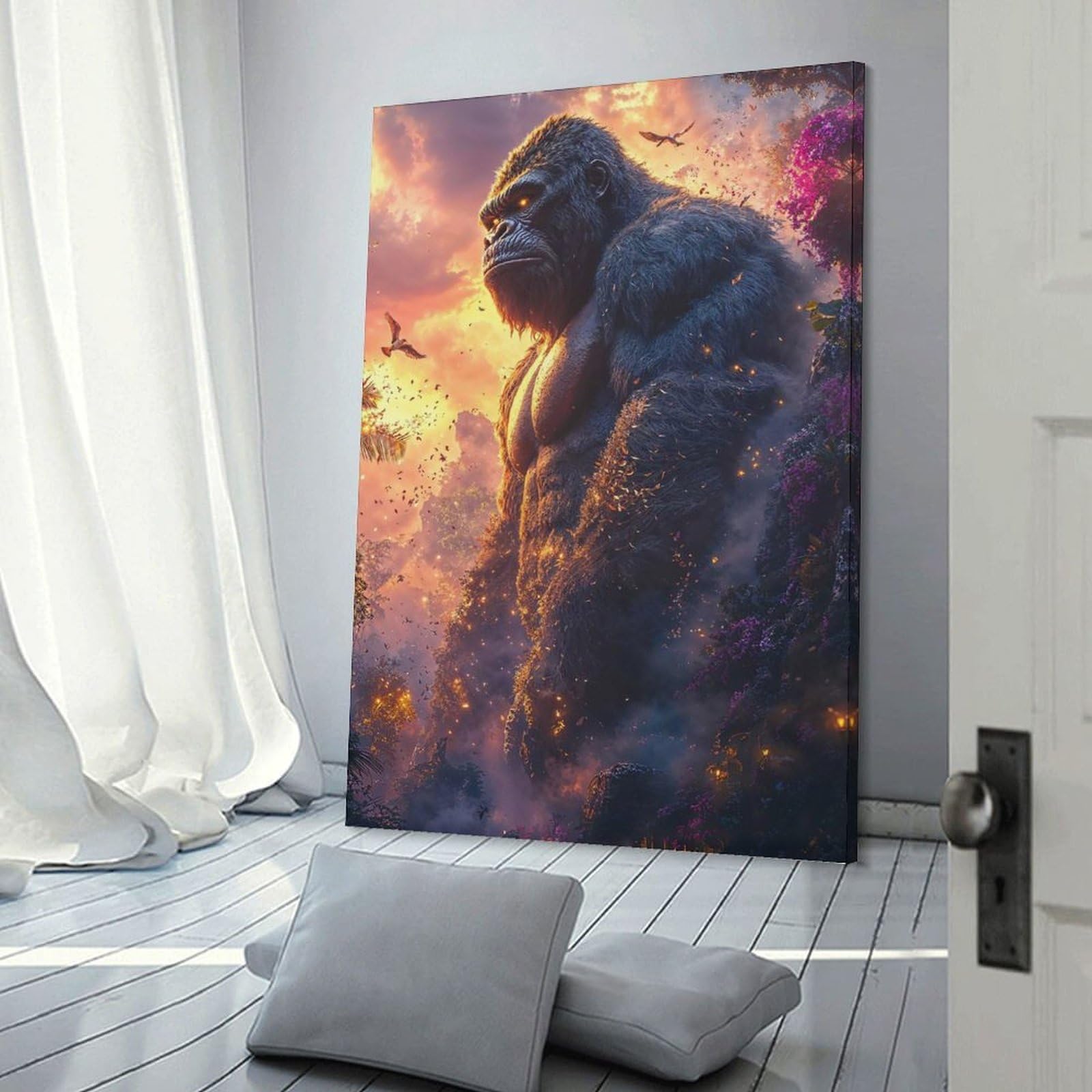 Junmoney Frame-Style-8 Wall Picture Print Majestic Gorilla In A Lush Jungle, 24X36inch(60X90cm), For Contemporary Homes, Apartments Or Offices, Decorative Canvas Decor For Home Updates