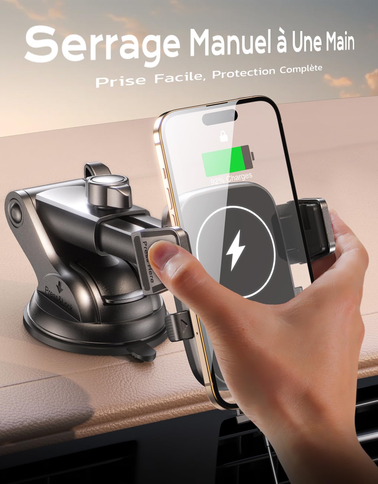 Mohard Support Téléphone Voiture Induction, 15W Chargeur Induction Voiture Charge Rapide, Ventouse Puissante & 360° Rotation, Chargeur sans Fil Voiture pour iPhone 17 Pro Max/16/15/14, Galaxy S25/S24