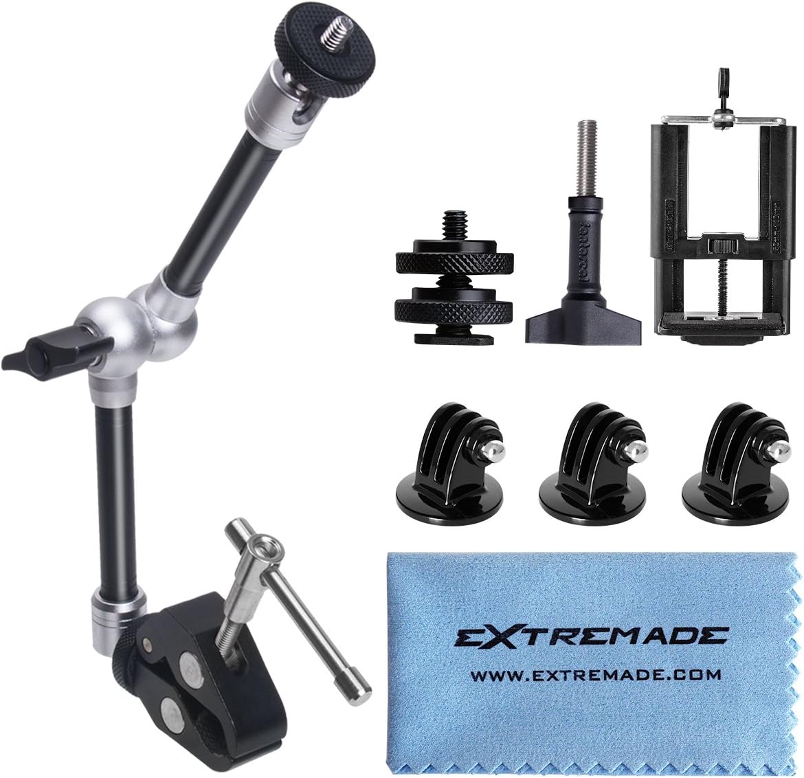 11 Inch Adjustable Articulating Israeli Friction Magic Arm w/ Super Clamp + Super Wide Phone Clip + Hi-Torque Knob Screw + Adapter Compatible For Gopro Sony DSLAR Camera Action Camera Smartphone Cell Phone