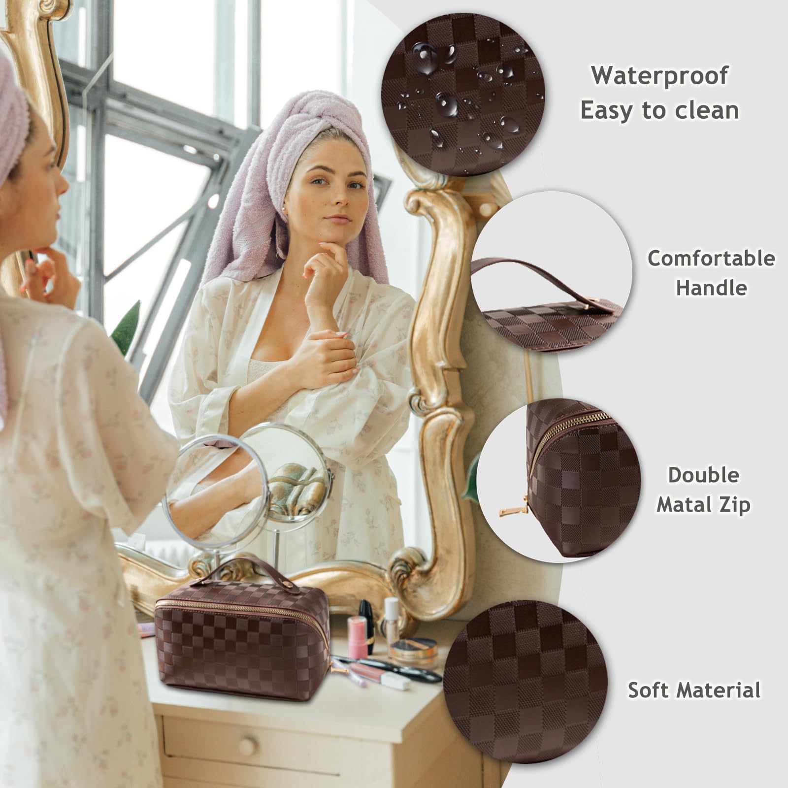 PU Leather Waterproof Multifunctional Makeup Organizer - Large Capacity Travel Cosmetic Bag With Handle - Plaid Checkered Makeup Bag (Brown)