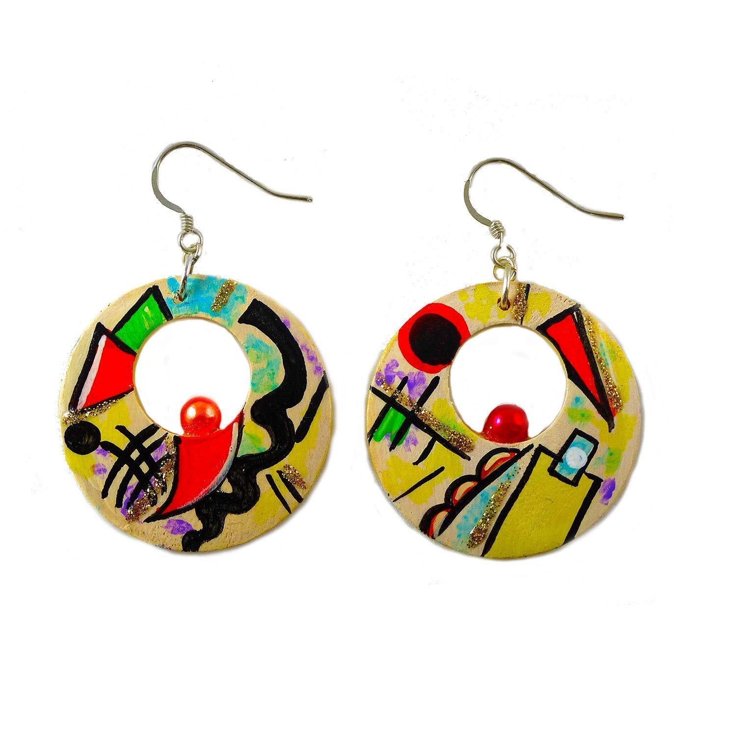 Boucles d'oreilles peintes à la main - BLEU, JAUNE, ROUGE PAR KANDINSKIJ - Boucles d'oreilles pour femmes, Bijoux en bois peint, Crochet en argent, Made in Italy, Bijoux, Artisanat