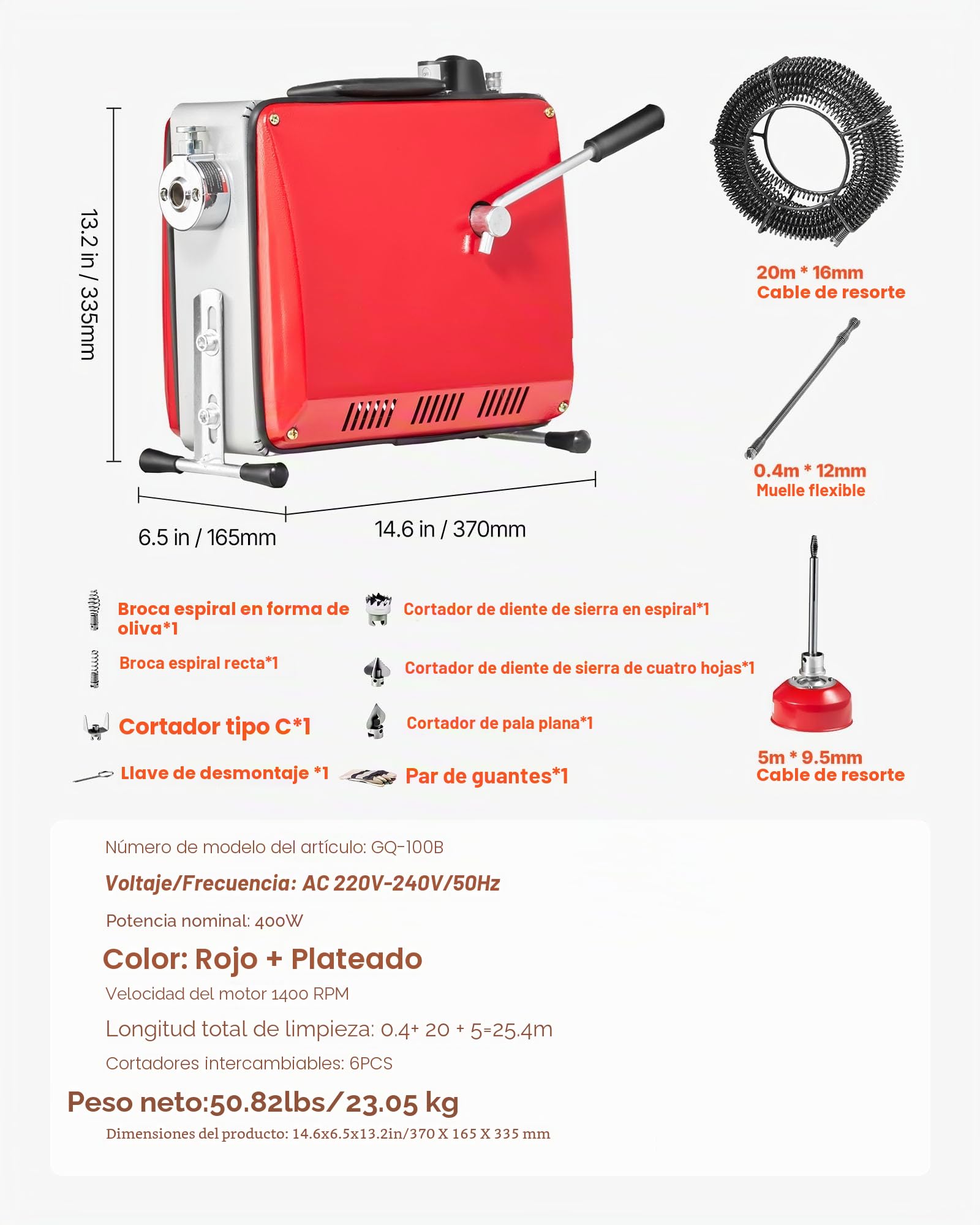 VEVOR Desatascador de Tuberías Eléctrico 400 W 1400 RPM con Cable de Resorte de 20 m x 16 mm, 5 m x 9,5 mm, 0,4 m x 12 mm y 6 Cabezales de Limpieza, Apto para Tuberías de 50 a 110 mm de Diámetro