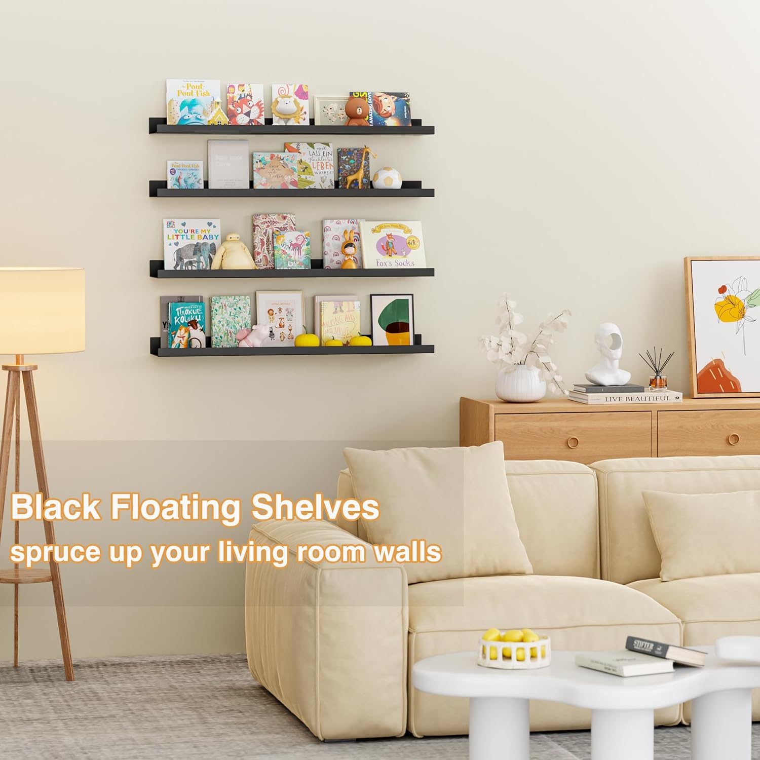 BYCY Metal Floating Shelves Set of 4,23.6inch Nursery Book Shelves for Wall Mounted,Wide Magnetic Book Display Wall Shelves for Classrooms Kitchen Bedroom Room Decor (Black)