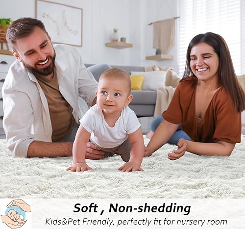 Miniatura 3 de Alfombras de pelo largo para sala de estar, alfombras de área blanco crema de 5 x 7 pies, antideslizantes, modernas, de estilo minimalista,