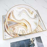 Vista 5 de Bandeja decorativa redonda de mármol blanco con asas, bandeja de servir moderna de plástico de 13" para mesa de café, baño, otomano, decoración