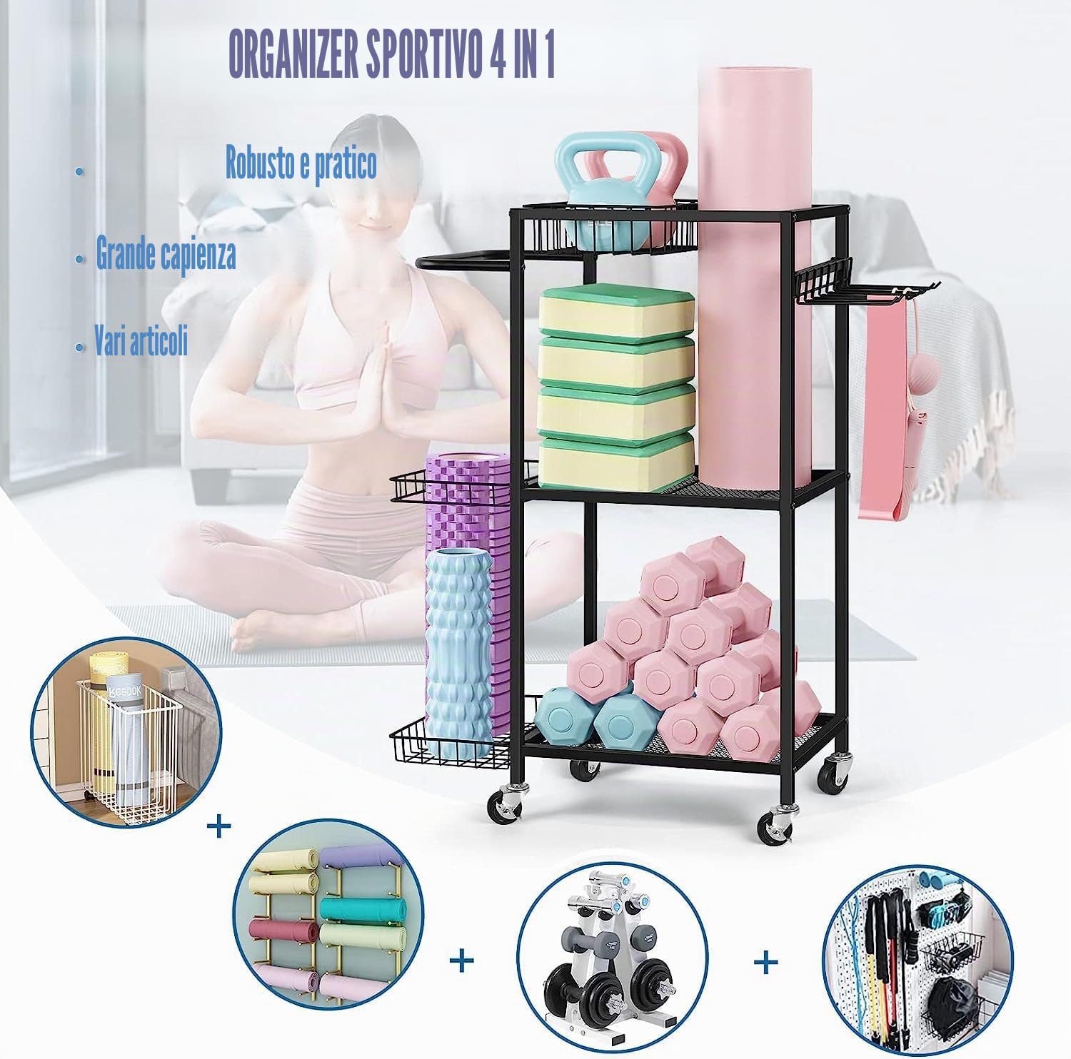 LIANTRAL Rastrelliera per manubri, tappetino da yoga, scaffale per attrezzature da allenamento per manubri, kettlebell, tappetino da yoga e palle, organizer per casa e palestra, con ganci e ruote
