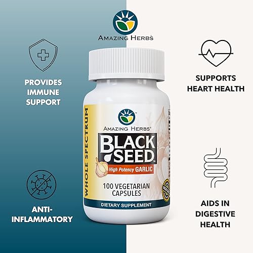 Miniatura 6 de Amazing Herbs Whole Spectrum Semilla negra y ajo de alta potencia, cápsulas vegetarianas, sin gluten, sin OMG, veganas, apoya el sistema