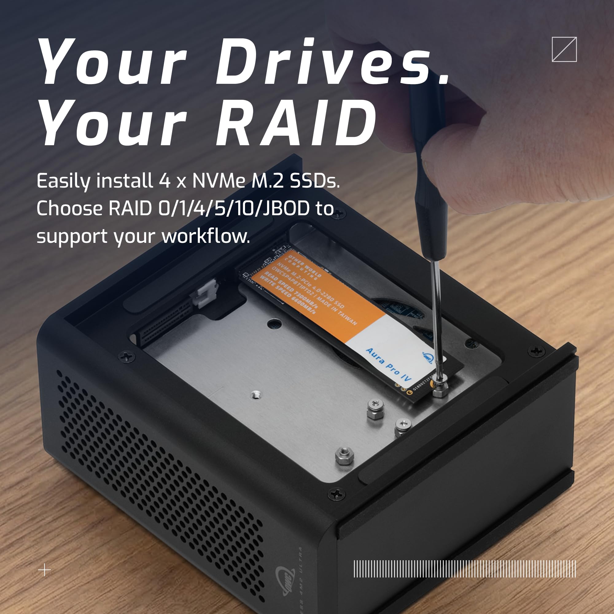 OWC Boîtier SSD Express 4 M2 Ultra Thunderbolt 5 80 Go/s NVMe M.2 Quatre Emplacements