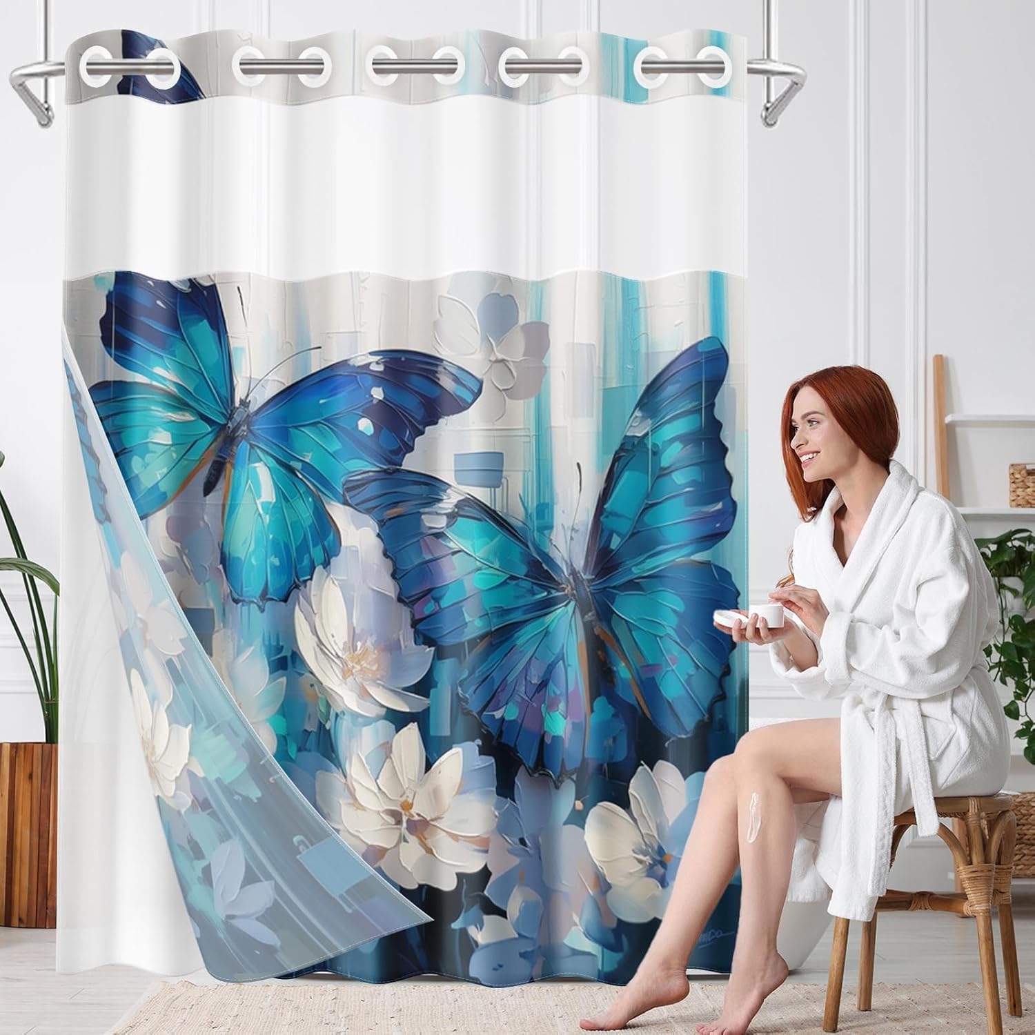 No Hook Blue Butterfly Shower Curtain with Snap in Fabric Liner Set, Flowers Oil Painting Boho Double Layers Waterproof Fabric with See Through Top Window Open Grommet Bath Curtain 71x74 Inch