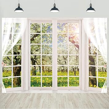 7x5ft Spring Window Scenery Backdrop Spring Garden White Flowers Trees Sunshine Photography Background Spring Theme Decorations Kids Adults Portraits Wallpaper Banner Photo Studio Props