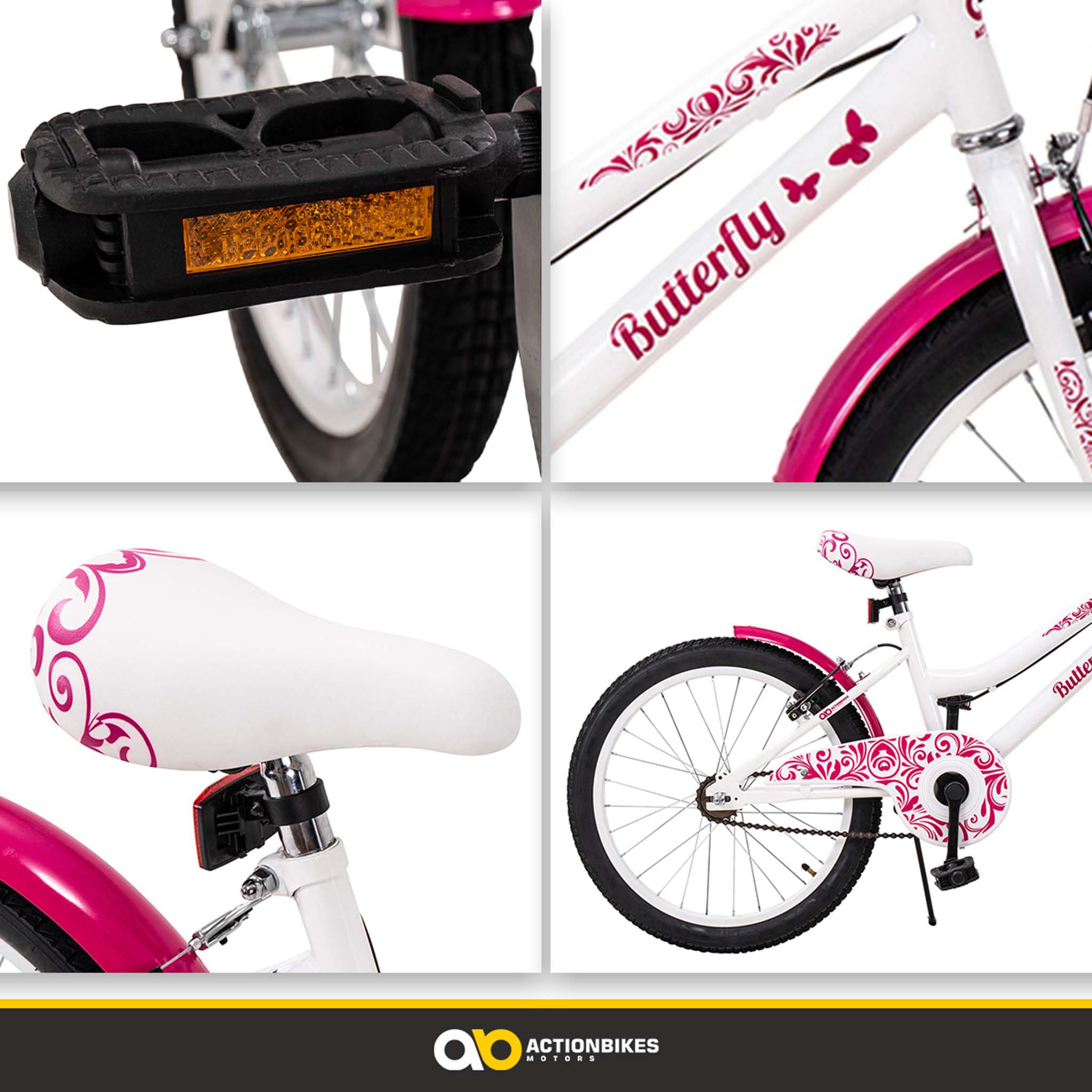 Actionbikes Kinderfahrrad Butterfly | 20 Zoll - V-Brake Bremsen - Schutzblech v. und h. - Kinder Fahrrad für Mädchen - Fahrräder - Kinderrad - Jugendrad - Von 6-9 Jahren