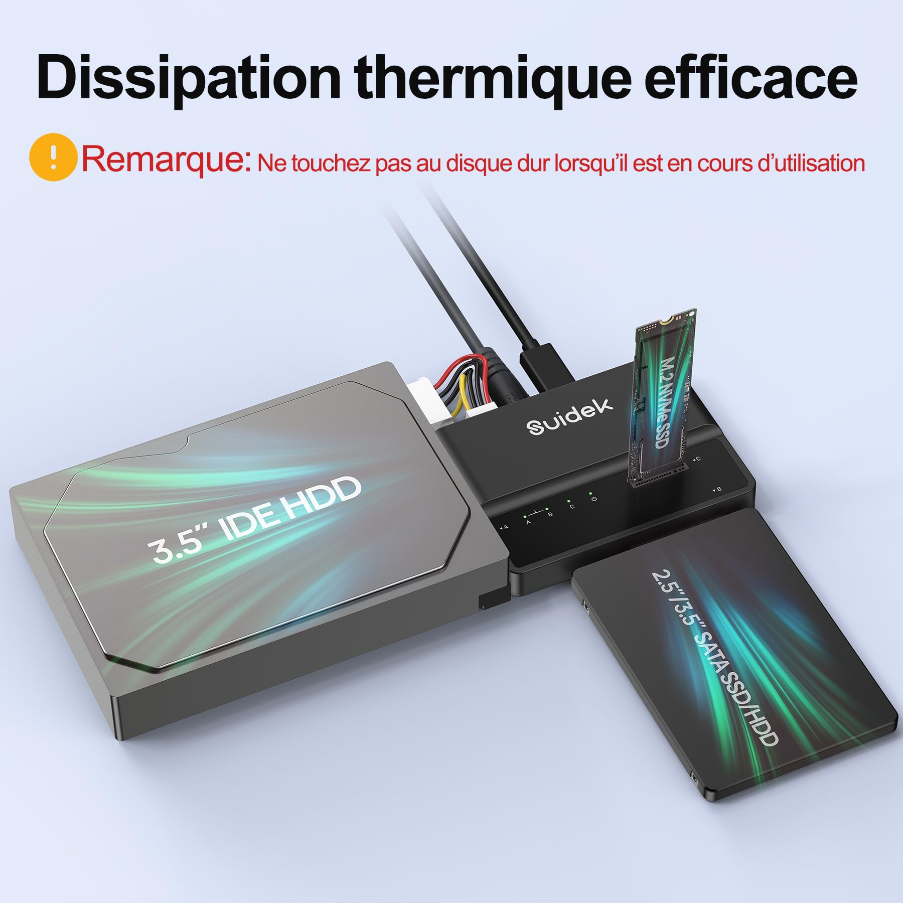 SUIDEK Adaptateur M.2, Lecteur de Disque Dur USB 10 Gbps, Adaptateur PCIe NVMe, SATA et IDE, Prend en Charge (clé M et clé M+B) Les SSD M.2 de Toutes Tailles, SSD/HDD SATA et HDD IDE de 3,5"