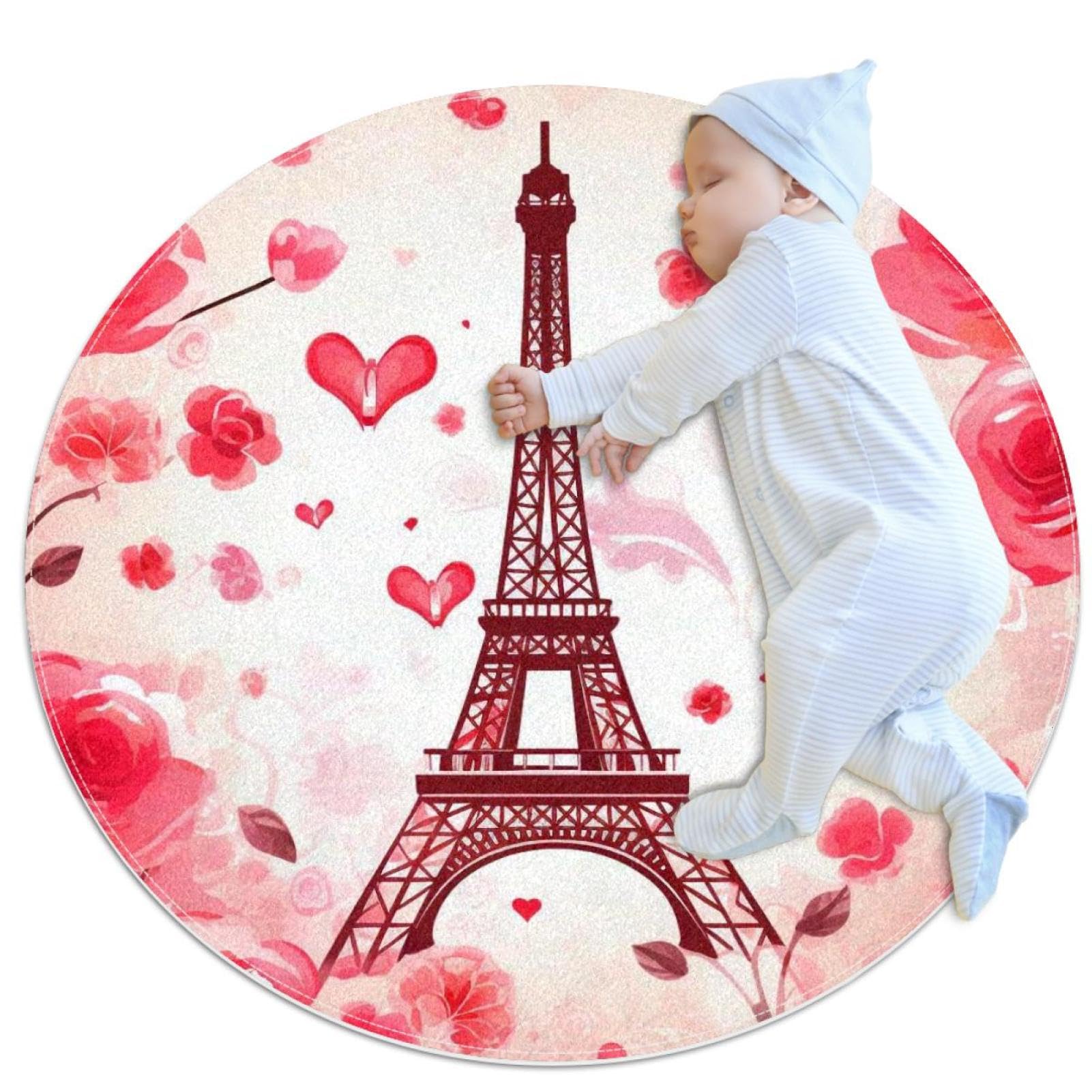 Tapis de salle de bain tour Eiffel rose rond 1m pour chambre