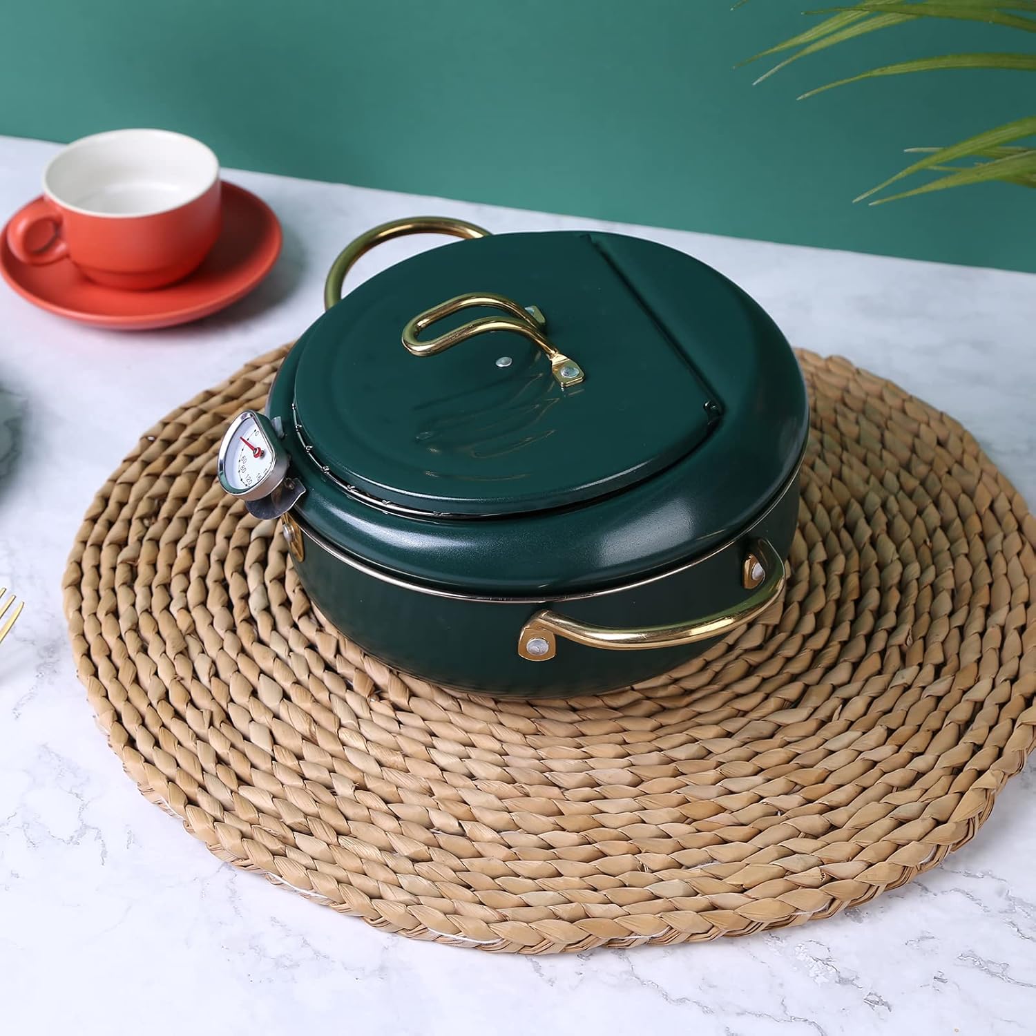 Olla para freidora – Olla para freidora Tempura estilo japonés, sartén de acero inoxidable 304 con termómetro, tapa, escurridor de aceite, olla para freidora Tempura para cocina