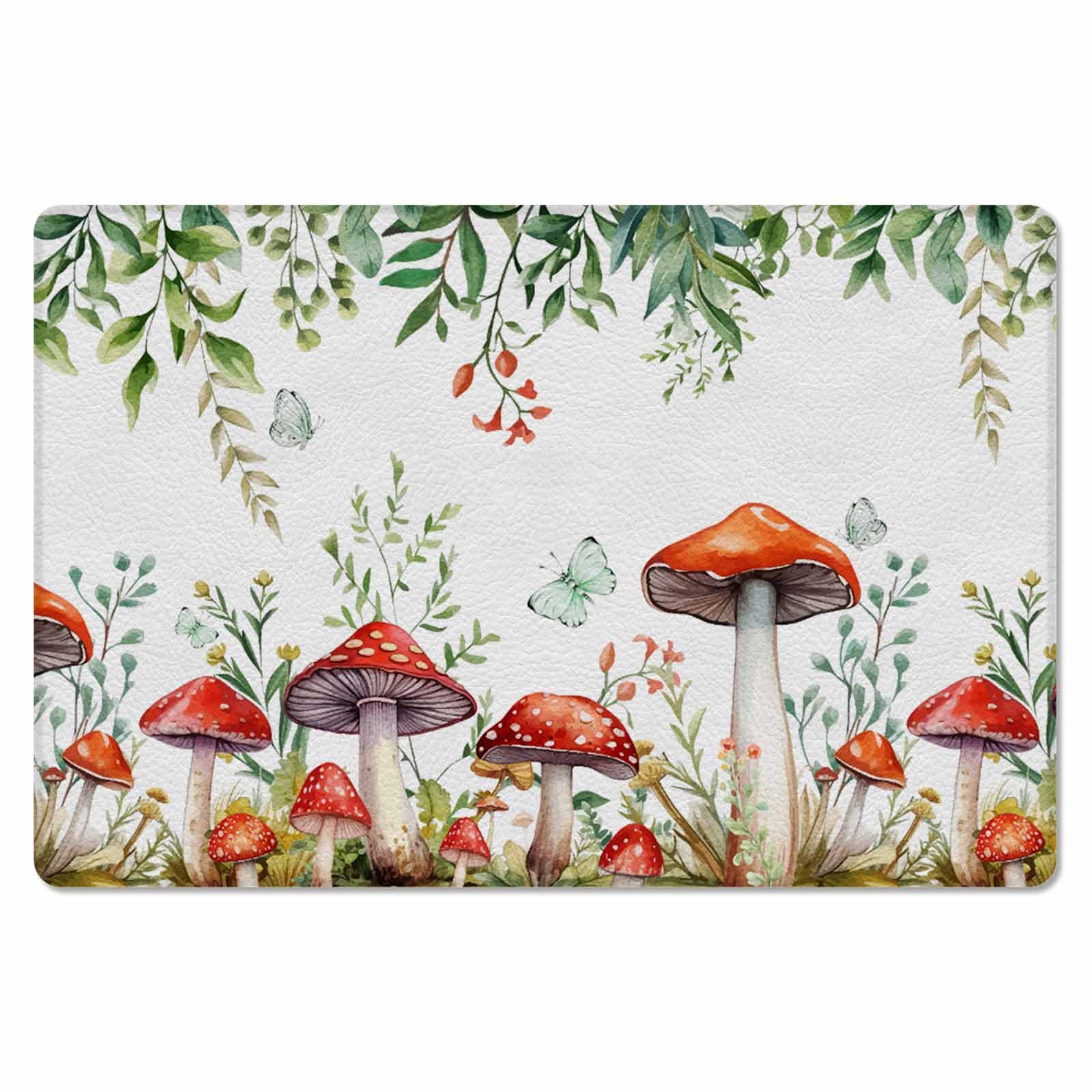 Mushroom Eucalyptus Kitchen Bath Door Mat Cushioned Runner Rug,Washable Welcome Floor Sink Antifatigue Mat,Waterproof & Non-Slip Comfort Standing Doormat,Green Leaves Wildflower Herb White 18