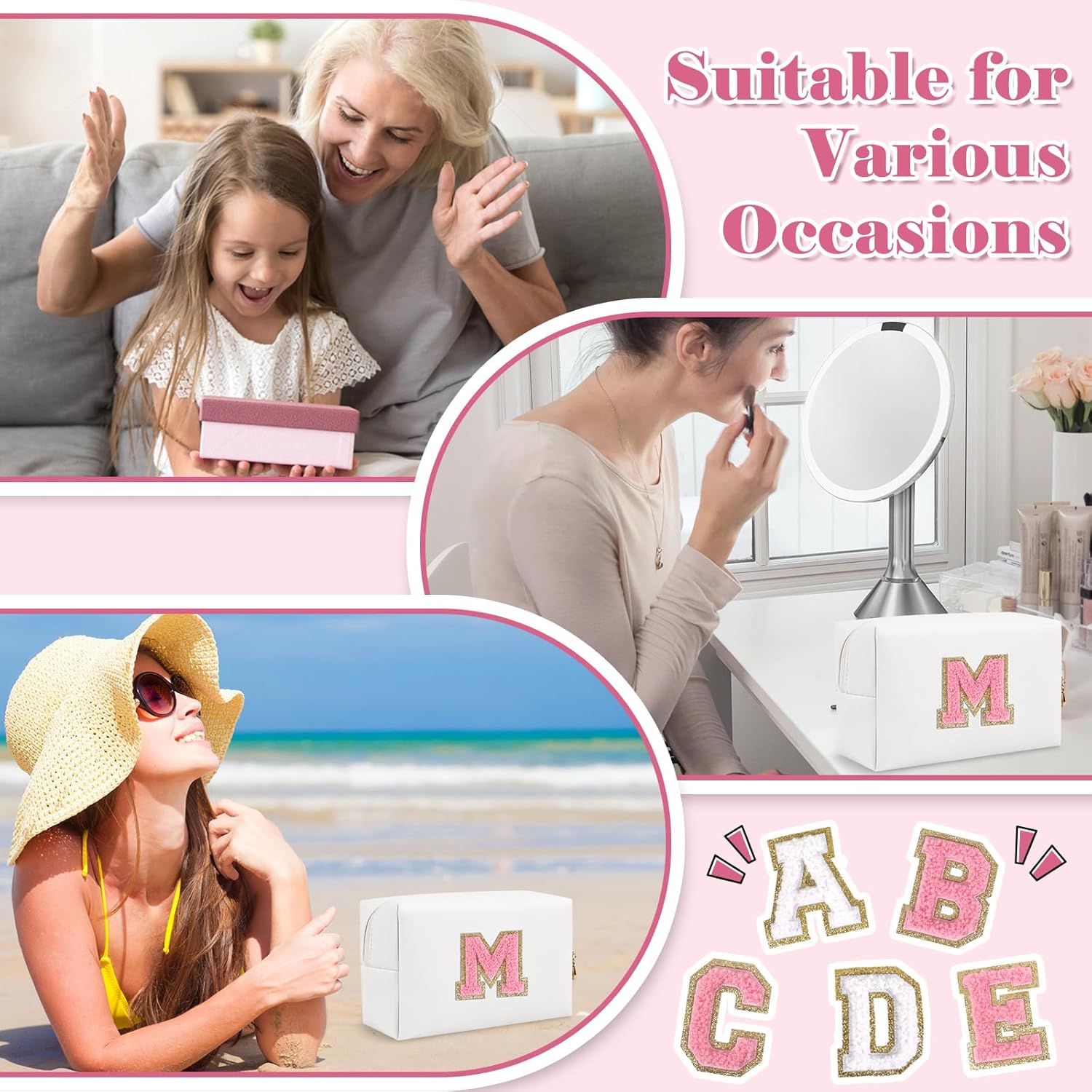 Personalized Makeup Bag Initial A-Z Preppy Patch Bag,Small PU Leather Travel Cosmetic Bag Pouch with Zipper,White Cute Toiletry Bag,Gift Ideal for Teen Girls Women Birthday Friend Mom,Letter M