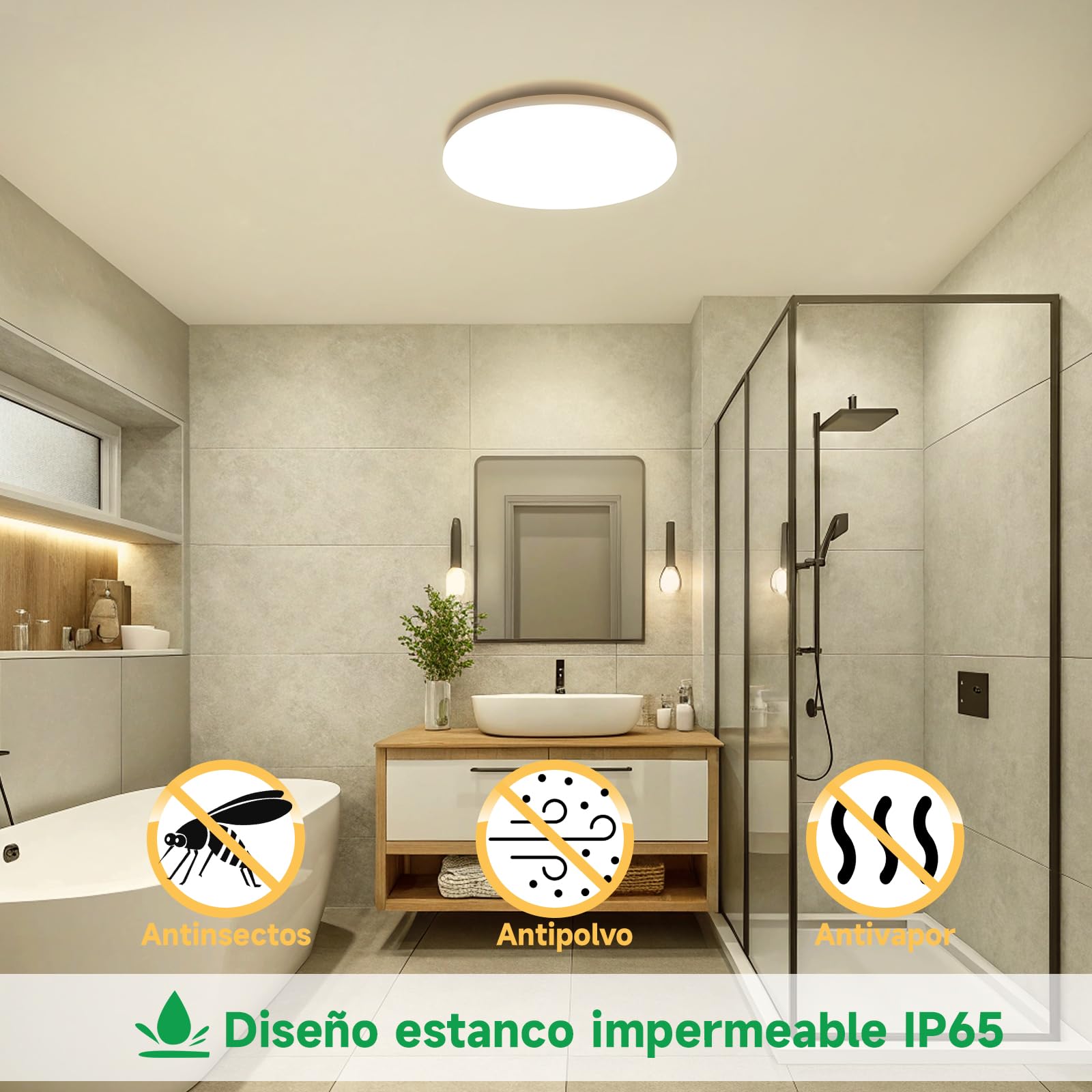 Pack 2 Plafoniera LED Soffitto Baño IP65, 17W 2335lm (150W Equiv.), Blanco Cálido 3000K, Redondo 22cm - Impermeable