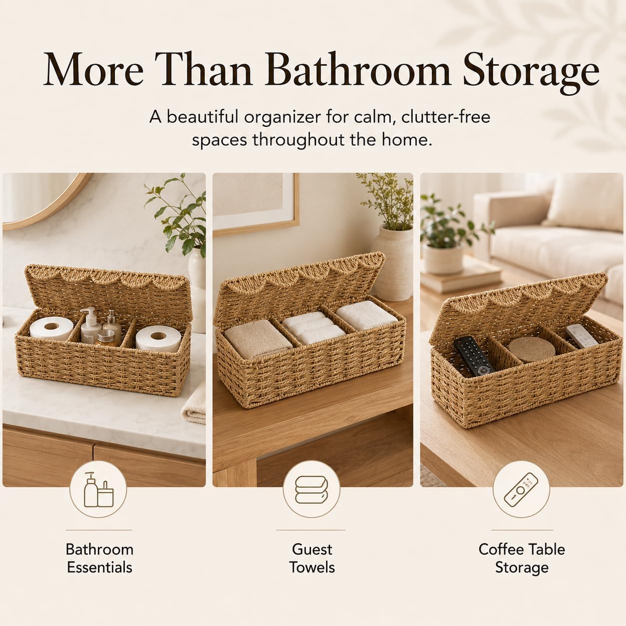 Paper Rope Toilet Paper Basket with Lid, Divided 3-Section