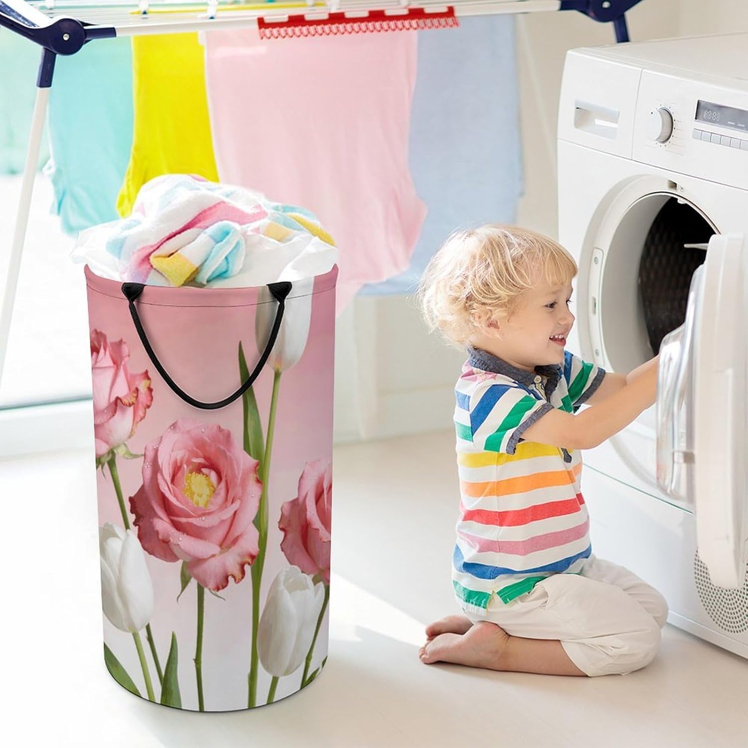 Pink White Flower Laundry Hamper with Handles Waterproof Collapsible Laundry Basket Large Lightweight Round Dirty Clothes Hamper for Home Dorm Bathroom Decor