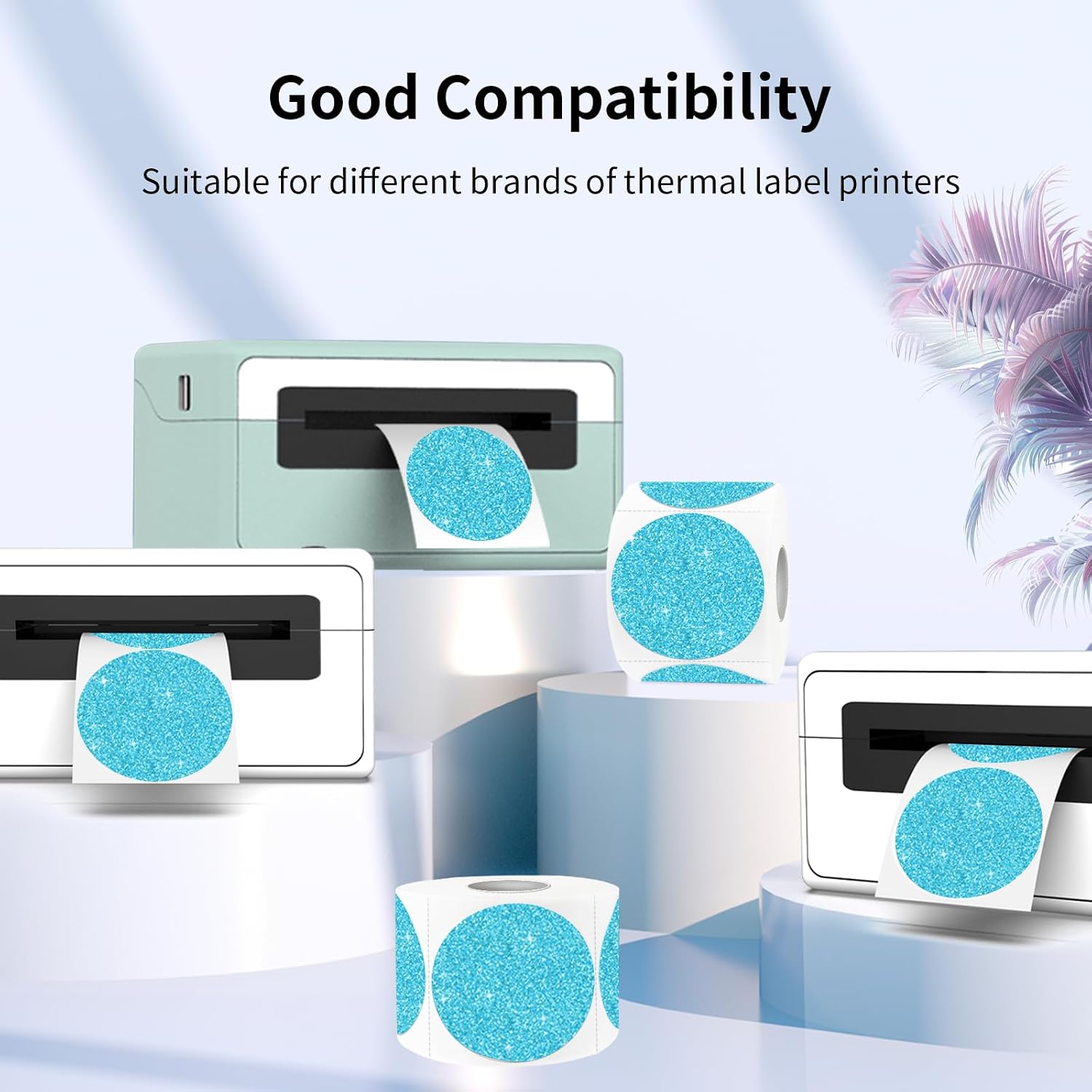 2" Holographic Thermal Label Stickers, Round Direct Thermal Label Stickers, Glitter Thermal Printer Sticker Labels for Gift Wrapping, Self-Adhesive Custom Logo Design- Glitter Blue image 3