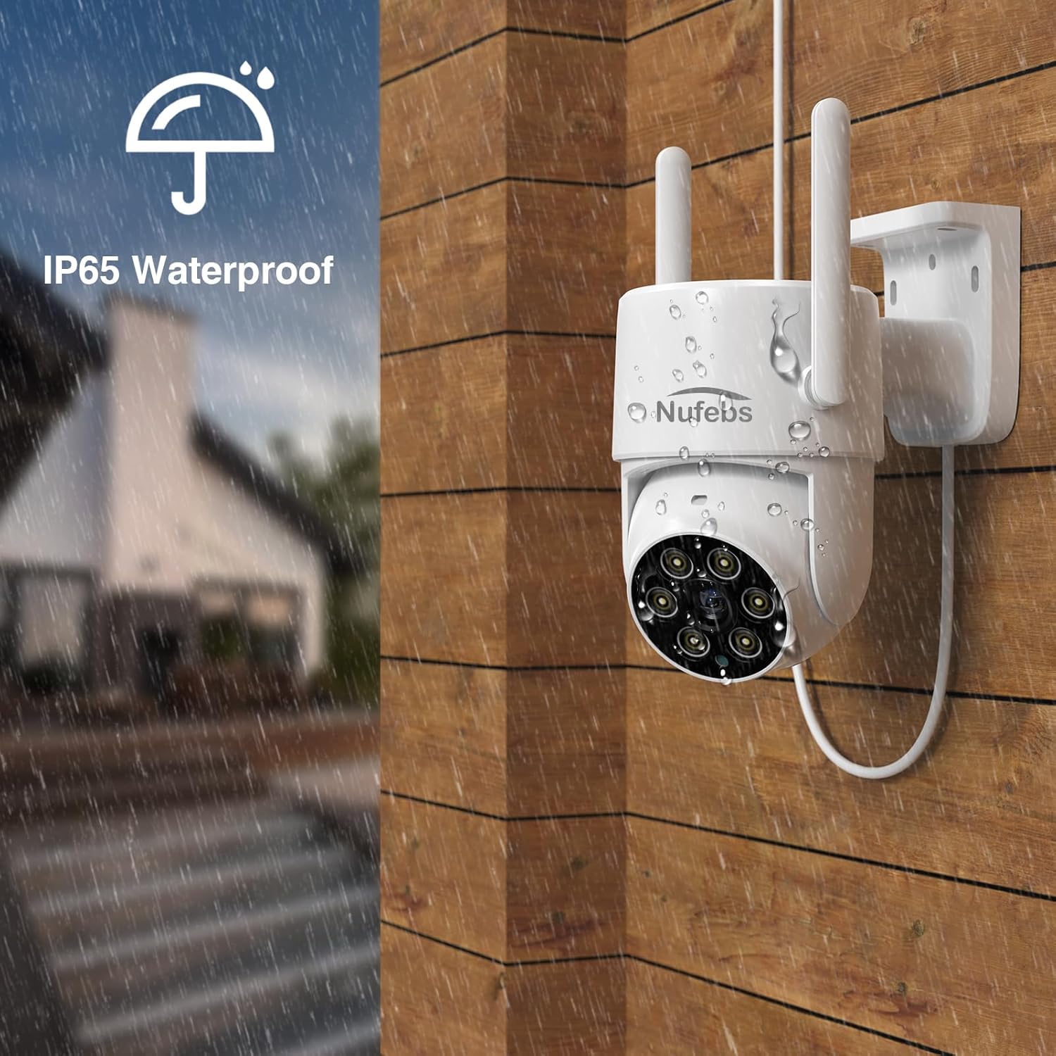 Outdoor security camera mounted on a wooden wall with rain effect, indicating IP65 waterproof rating