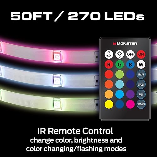 Miniatura 3 de Monster Tira de luz LED RGB de 50 pies con control remoto, 270 LED RGB, respaldo adhesivo, recubierto para protección contra la humedad, regulable,