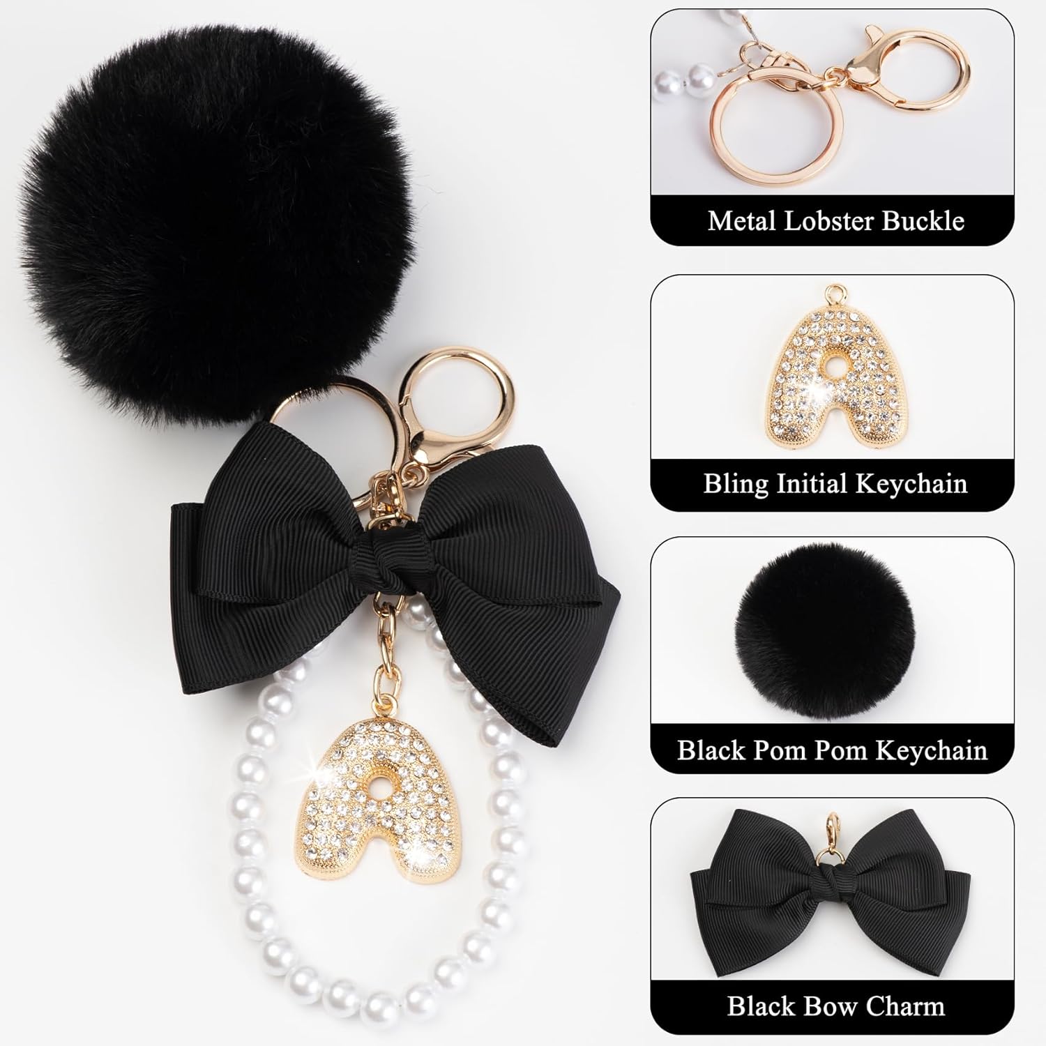 YOU WIZV Initial Letter Keychain for Women Girls Cute Bow Flower Puff Ball Pom Purse Bag Chains for Handbags Backpack - Image 2