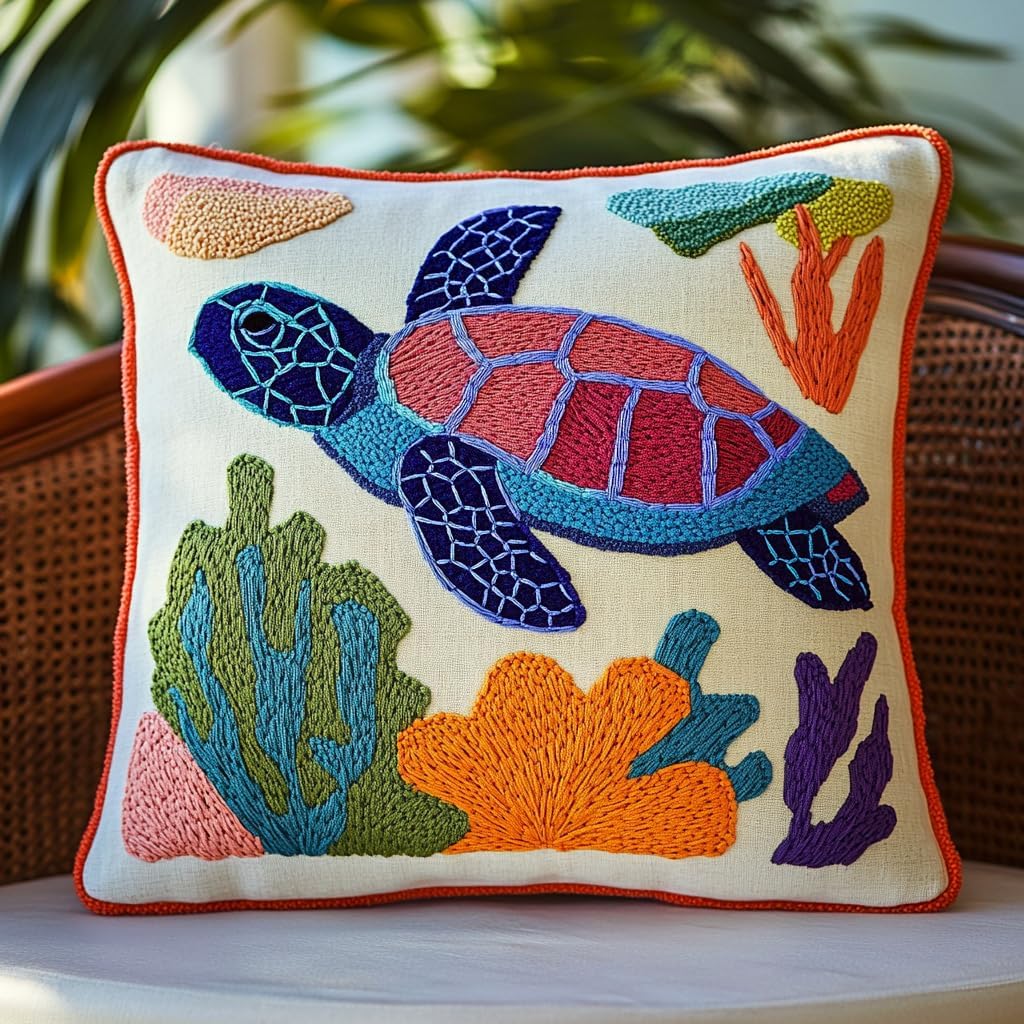 DIY Punch Needle Pillow Kit Sea Turtle and Corals with Pattern and Hoop Handmade Embroidery Punch Needle Starter Pillowcase Set for Home Sofa Decor 43x43cm-1-12