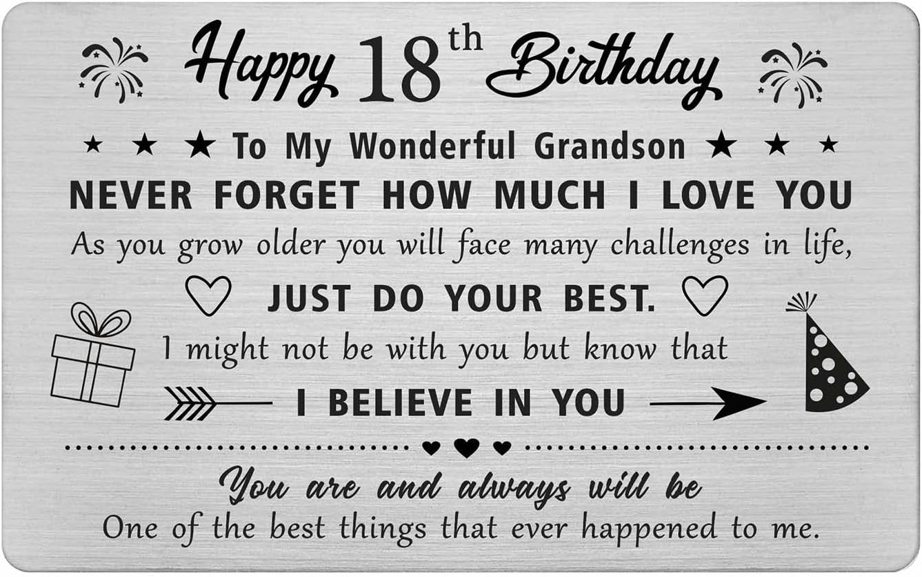 Grandson 18th Birthday Card - Happy 18 Year Old Birthday Card for Grandson - Birthday Gifts for 18 Year Old Grandson, Metal Engraved Wallet Card