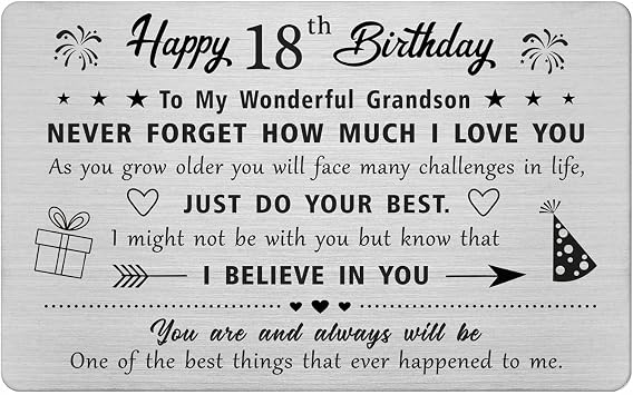 FALOGIJE 18th Birthday Card Gifts for Grandson, Birthday Gifts for 18 Year Old Grandson, Engraved Metal Wallet Card