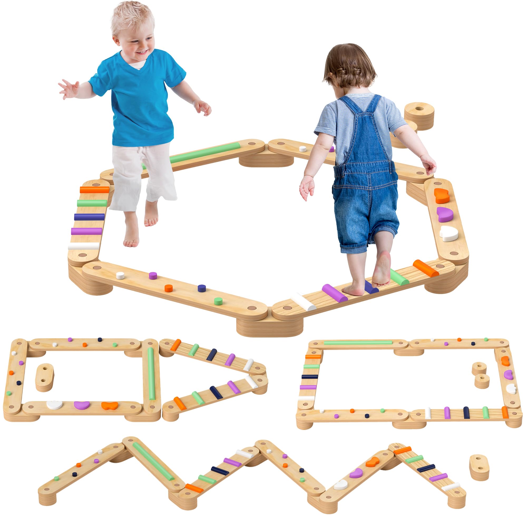 AIYAPLAY Juego de Viga de Equilibrio de Madera para Niños de +3 Años Barra de Equilibrio Infantil para Entrenamiento de Equilibrio en Interiores y Exteriores Multicolor