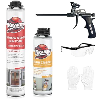 Kraken Bond Professional Expanding Foam Spray - 1x32oz Low Expansion Polyurethane Foam Sealant Gap Filler for Holes, Gun Use, Gun&Cleaner Included - 1 Pack